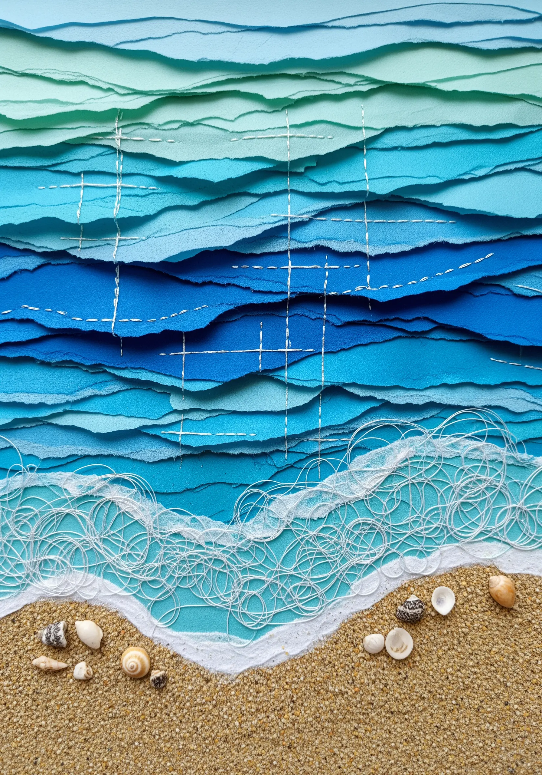 A layered fabric collage of ocean waves with stitched details, tangled thread for seafoam, and real shells.