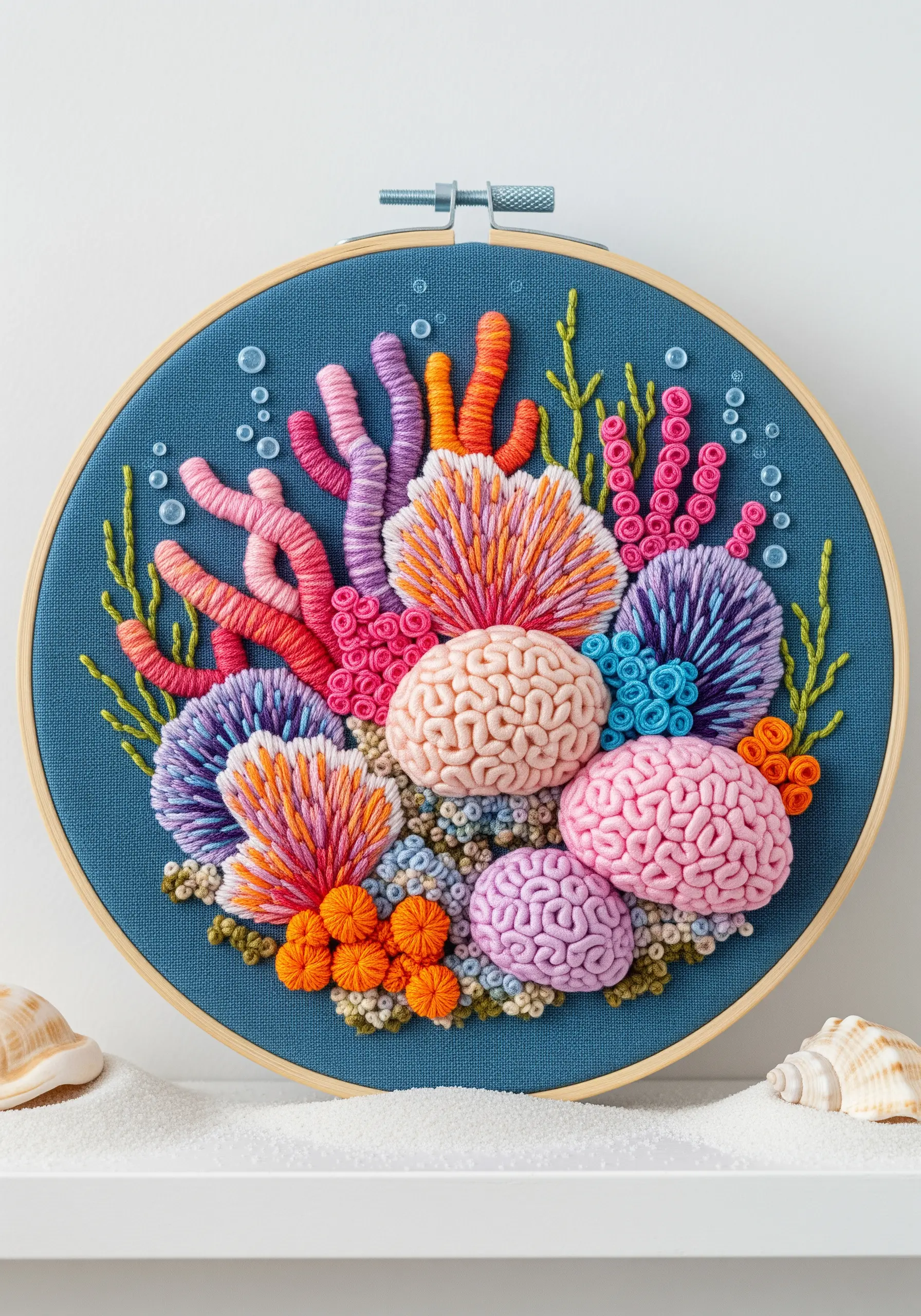 Colorful coral reef embroidery in a hoop, featuring bullion knots and other 3D stitches.
