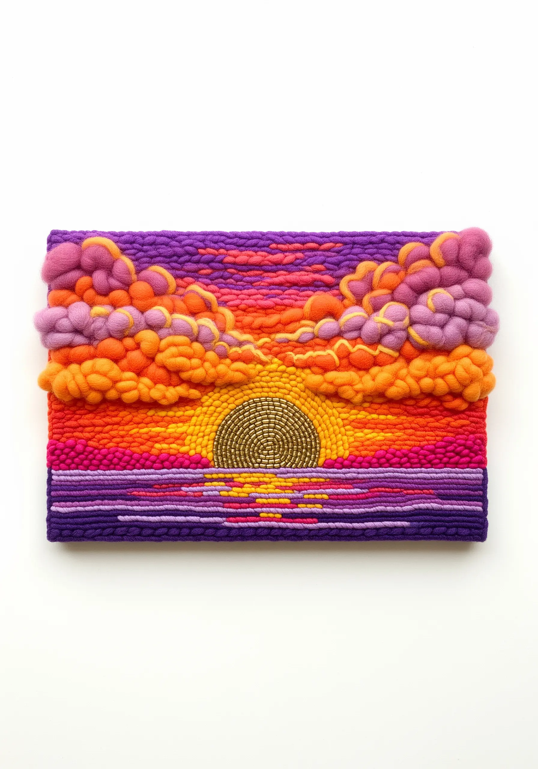 A vibrant woven sunset with fluffy, needle-felted clouds in orange and purple.