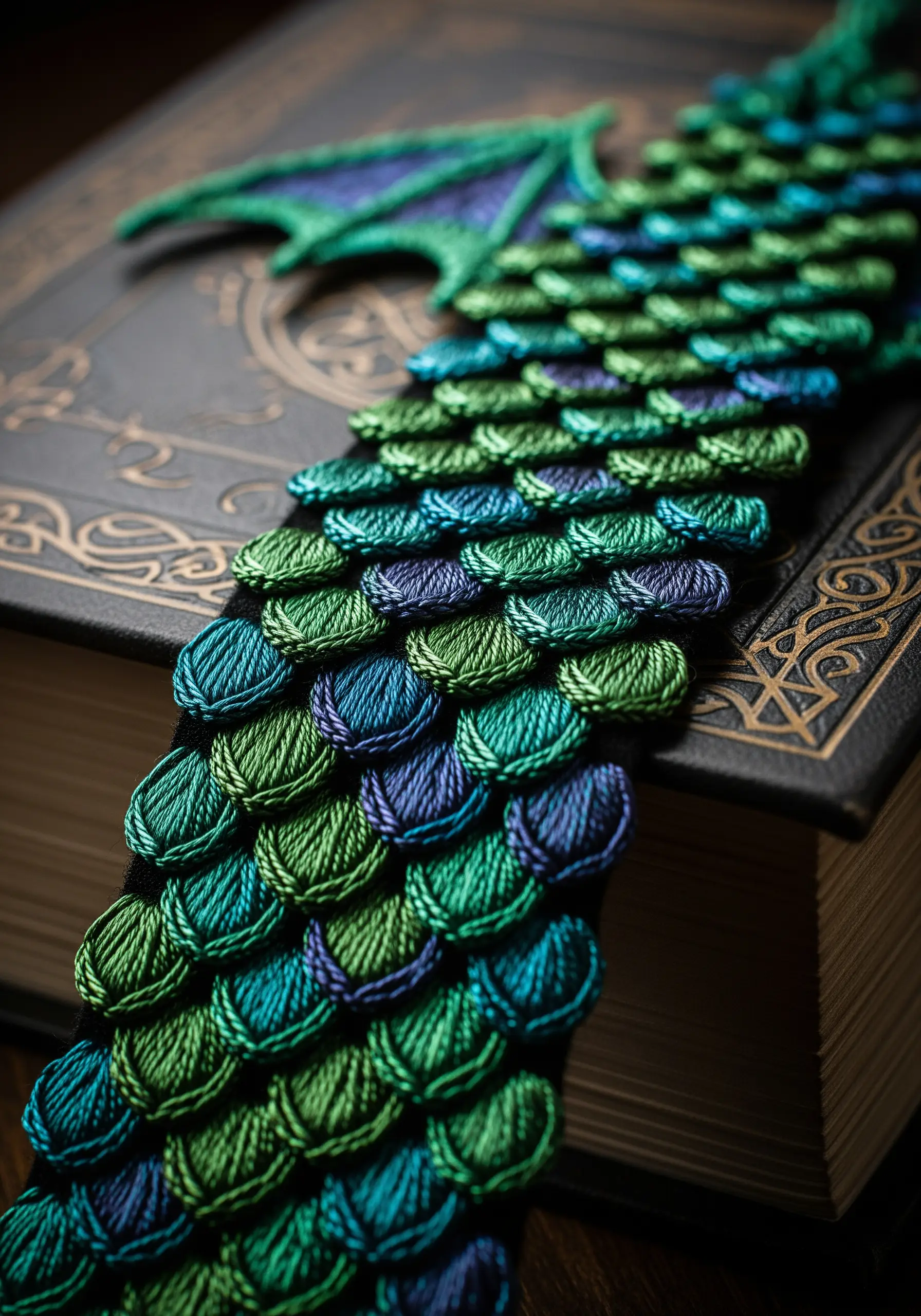 3D embroidered bookmark of dragon scales in iridescent greens and blues, with a wing at the top.