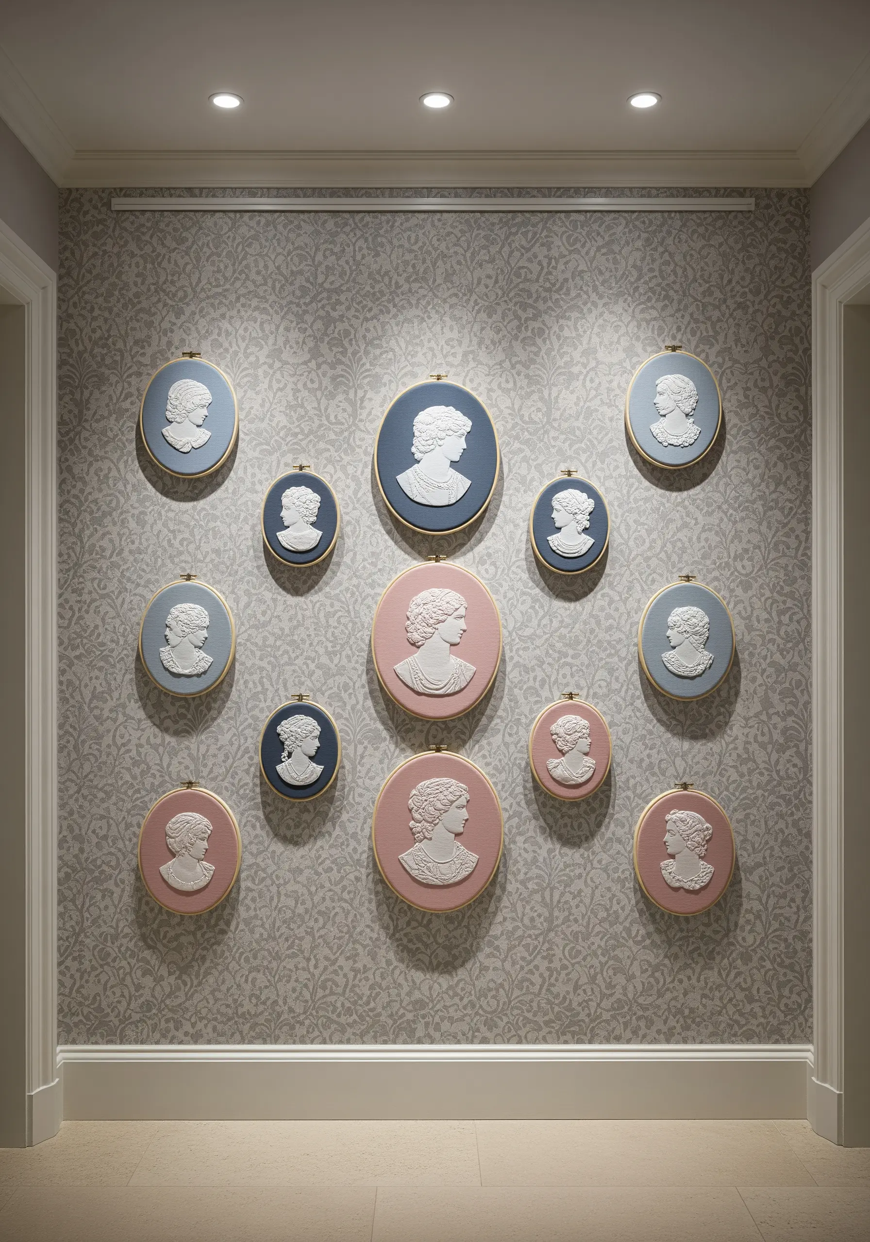 A collection of cameo-style embroidered portraits in white thread on blue and pink backgrounds.