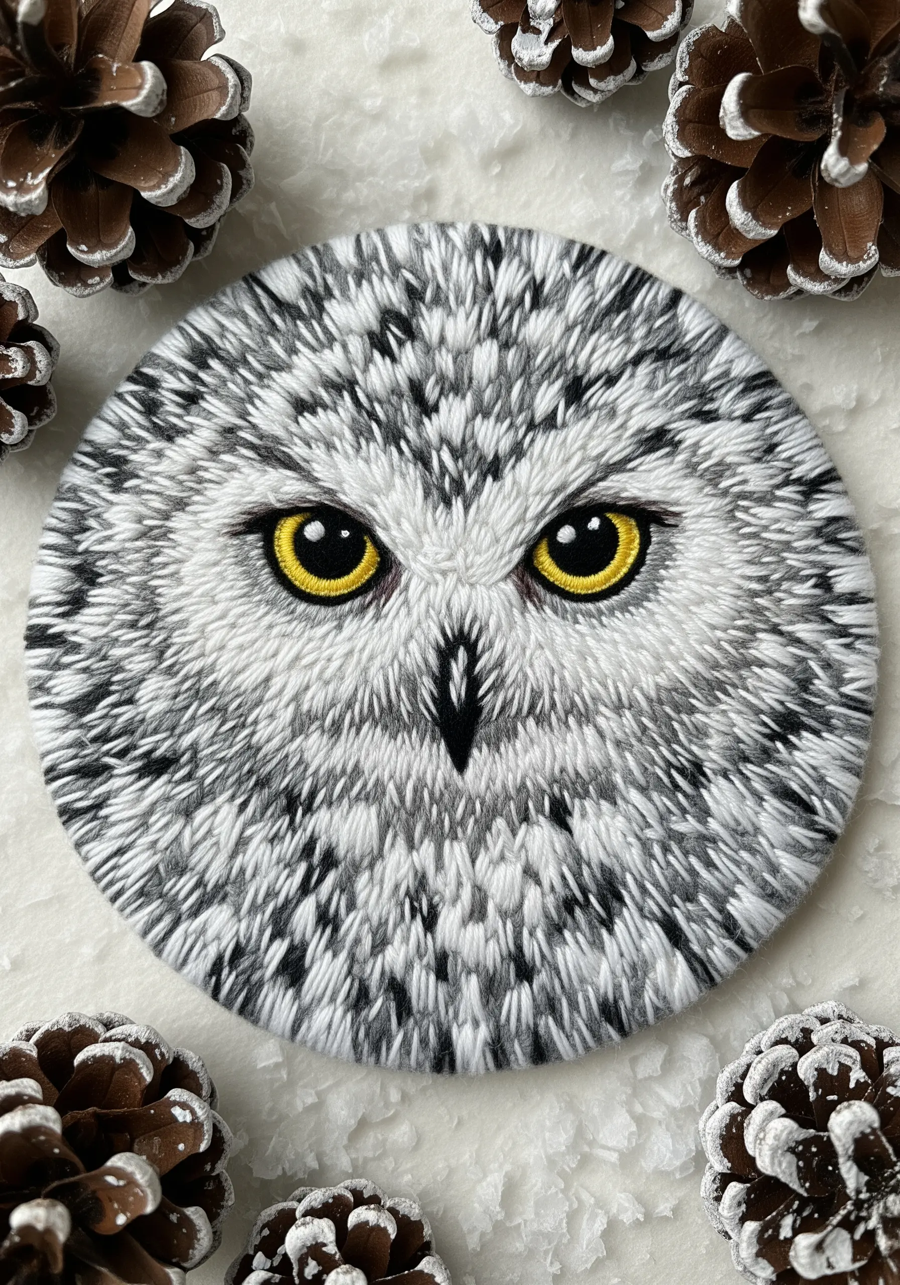 A hyper-realistic close-up of a snowy owl's face embroidered with fine stitches.