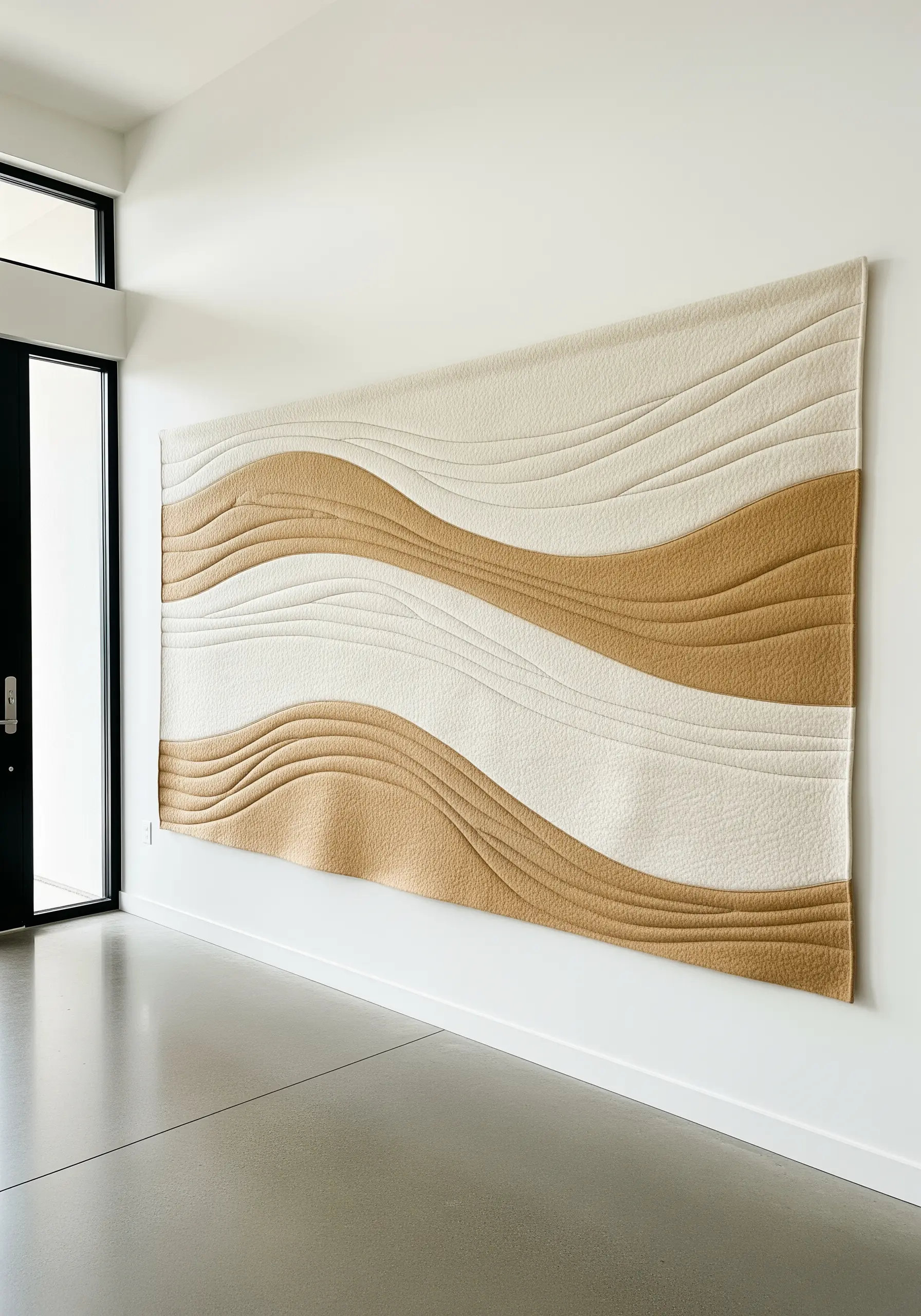 A large, minimalist wall hanging with quilted, sculptural waves in cream and tan fabric.