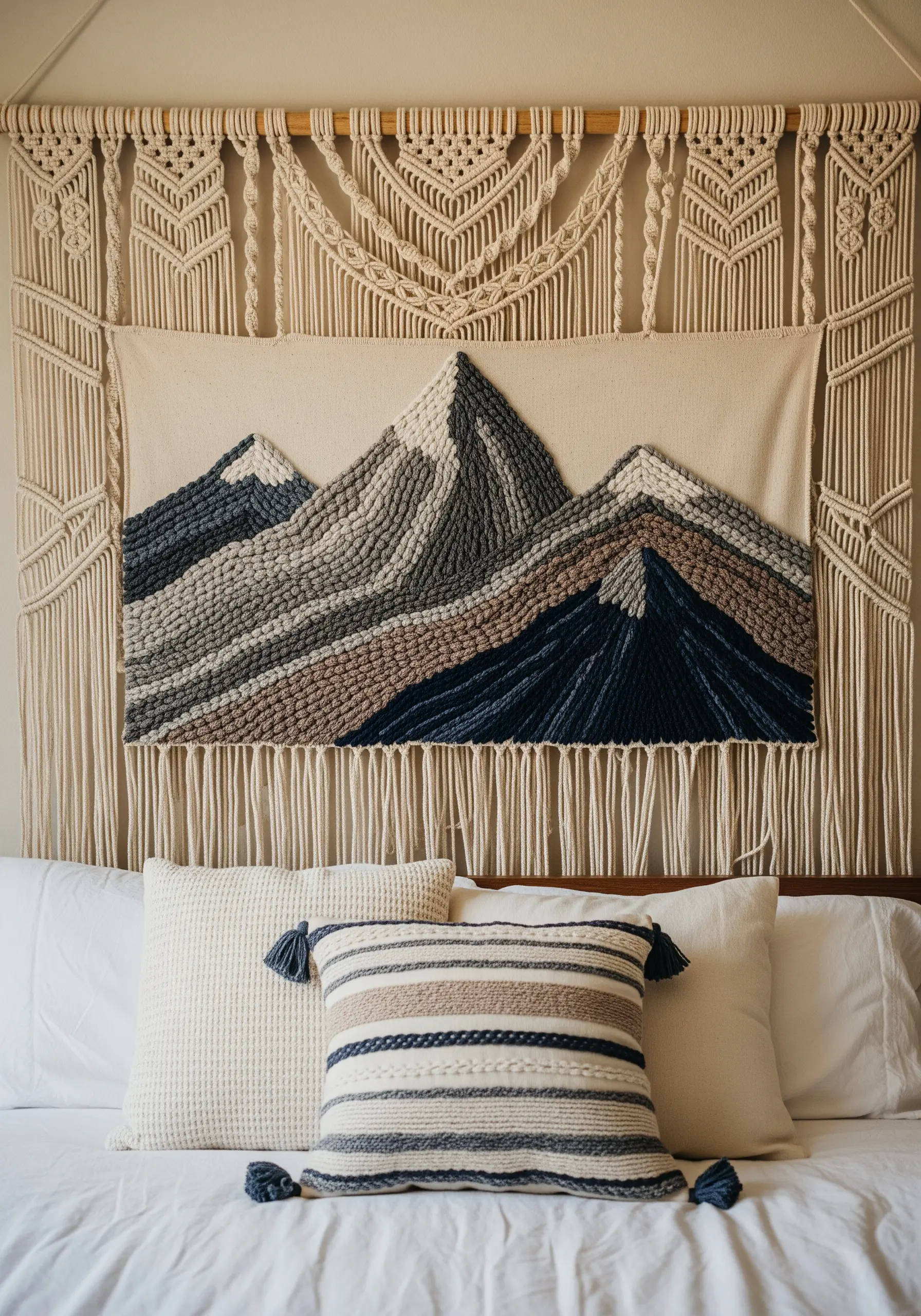 An embroidered mountain landscape with high-pile texture, framed with macrame above a bed.