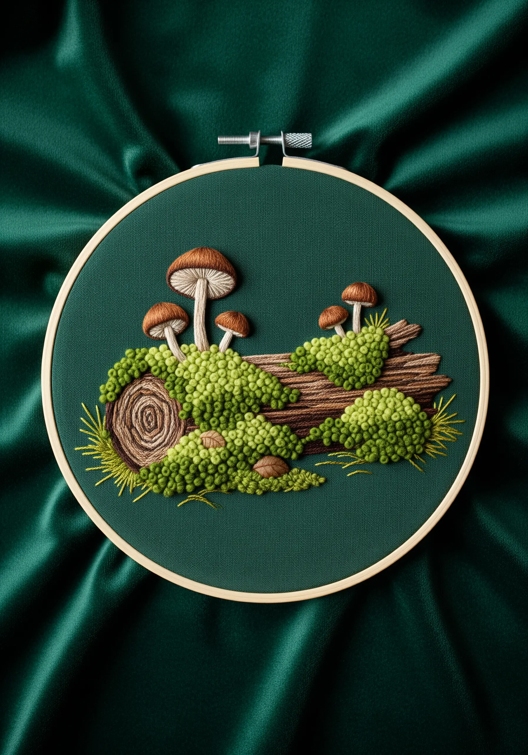 Embroidery of mushrooms on a log covered in textured green French knot moss.