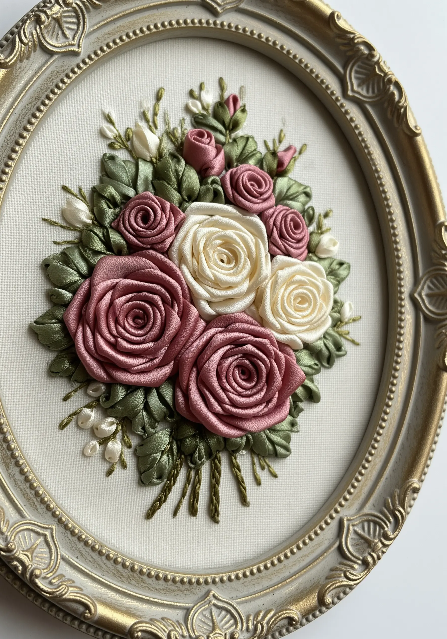A bouquet of 3D roses made from pink and cream silk ribbon in an ornate frame.
