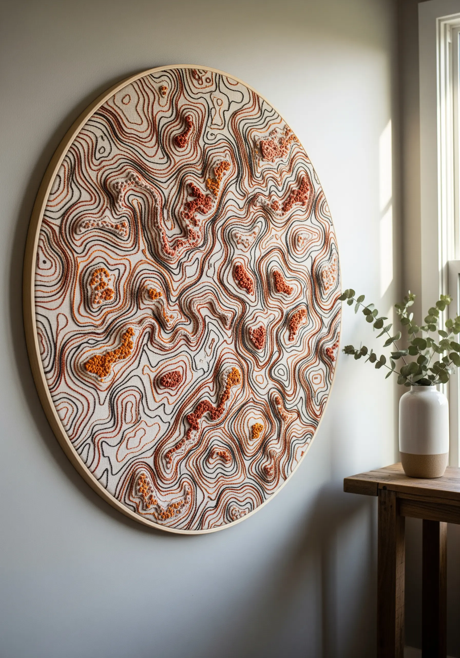Large circular hoop art with embroidered topographic map lines and textured knots.