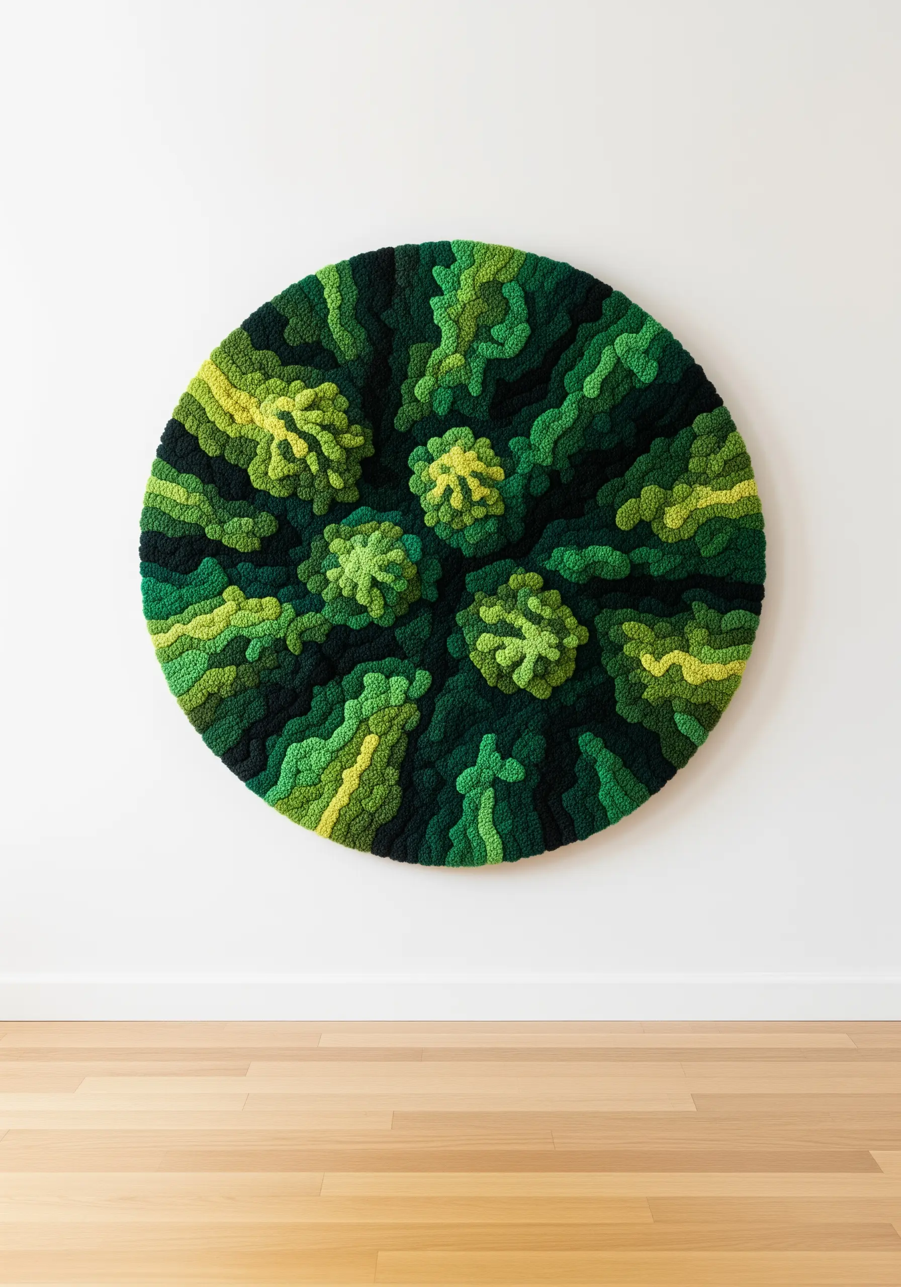 A large, circular punch needle artwork in shades of green that looks like moss.