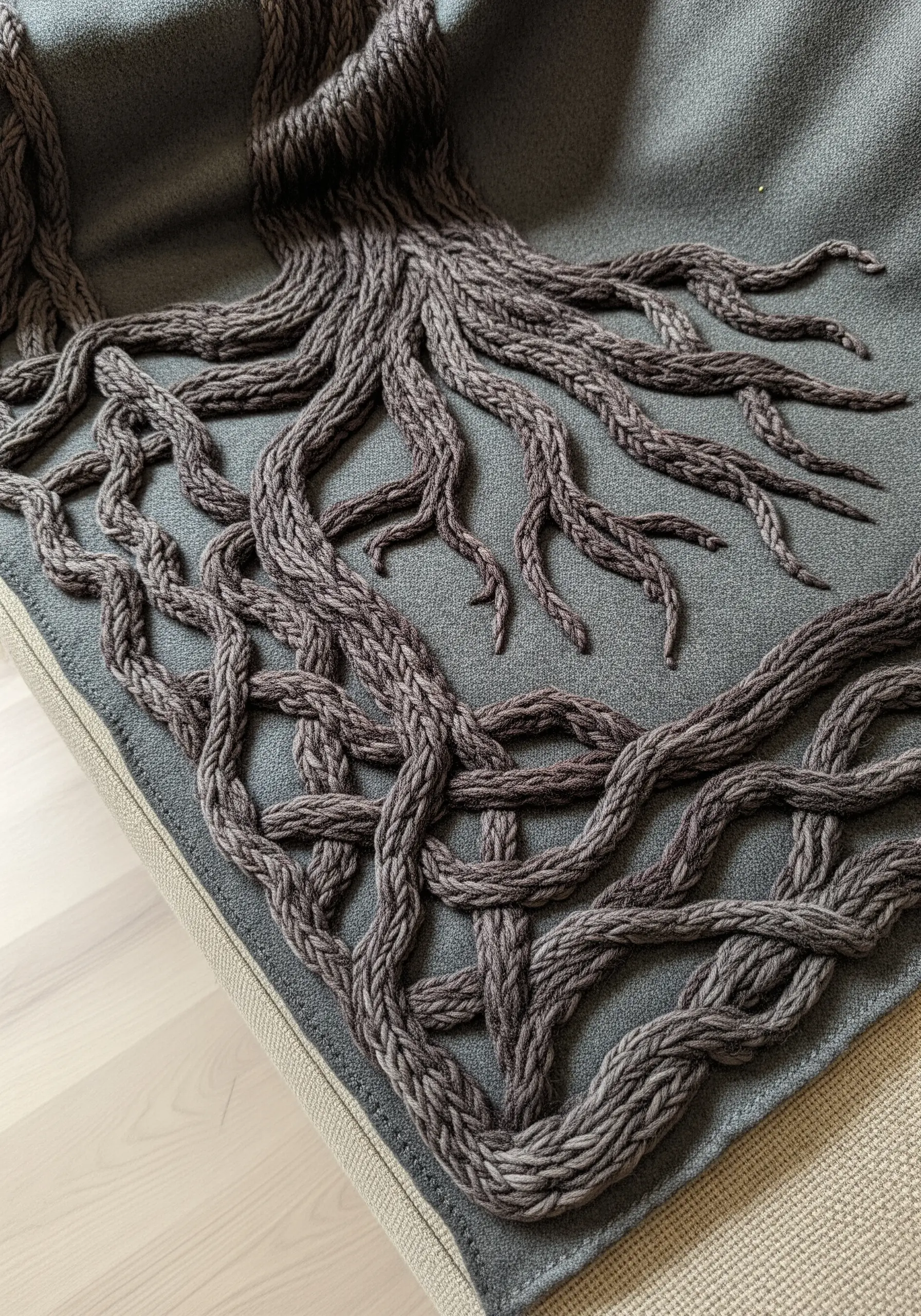 Thick, braided yarn couched onto a gray throw blanket to look like tree roots.