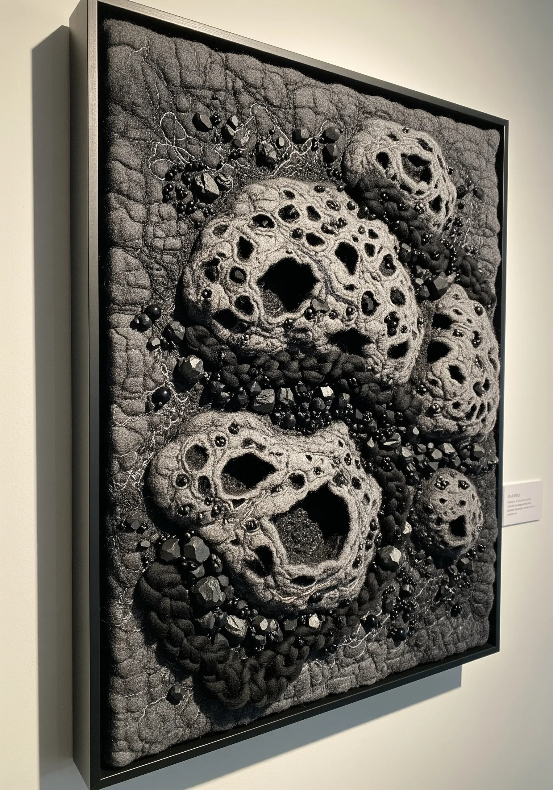 A framed, 3D textile artwork of gray and black volcanic rock with craters and beaded details.