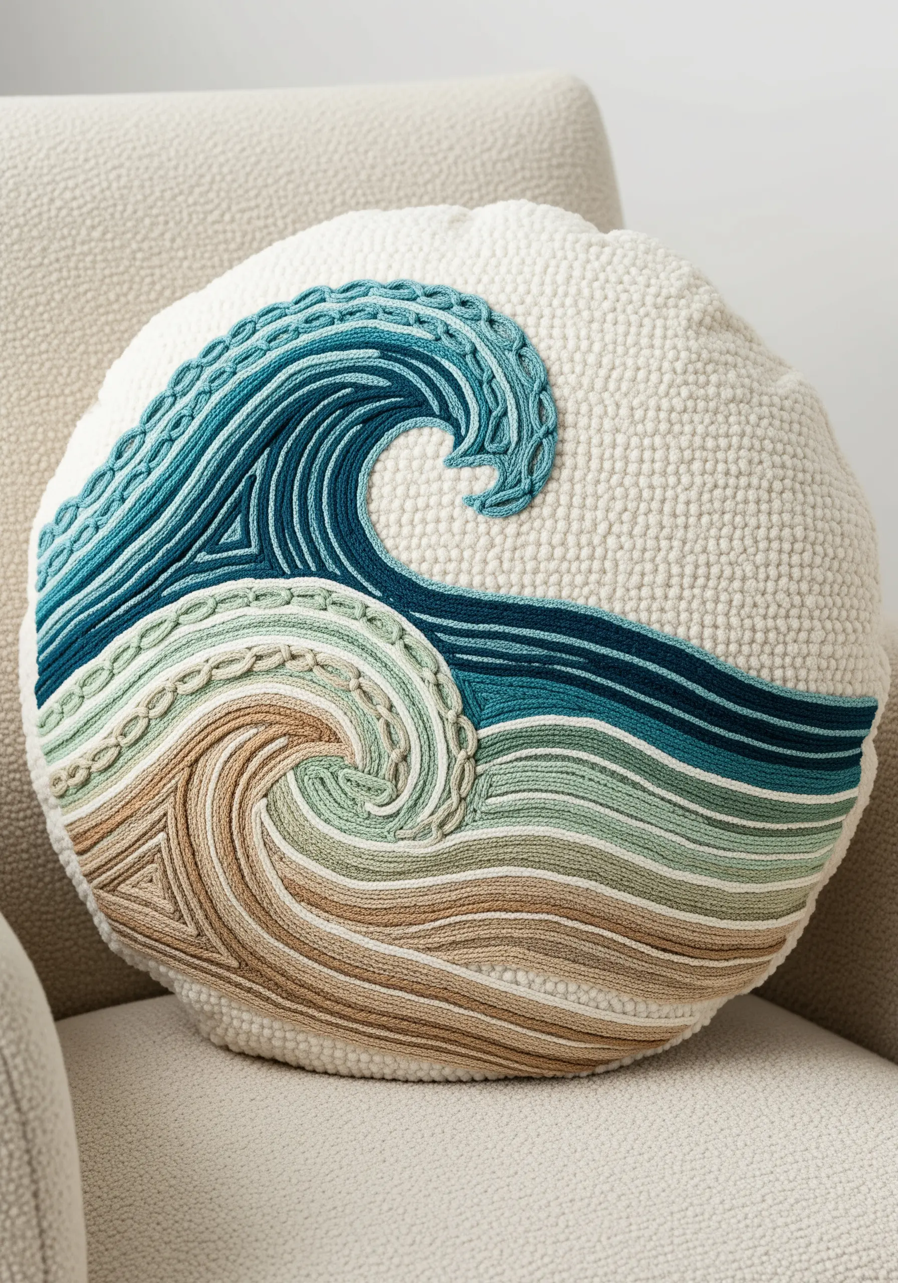 Round cushion with a punch needle wave in blue, teal, and sand gradients.