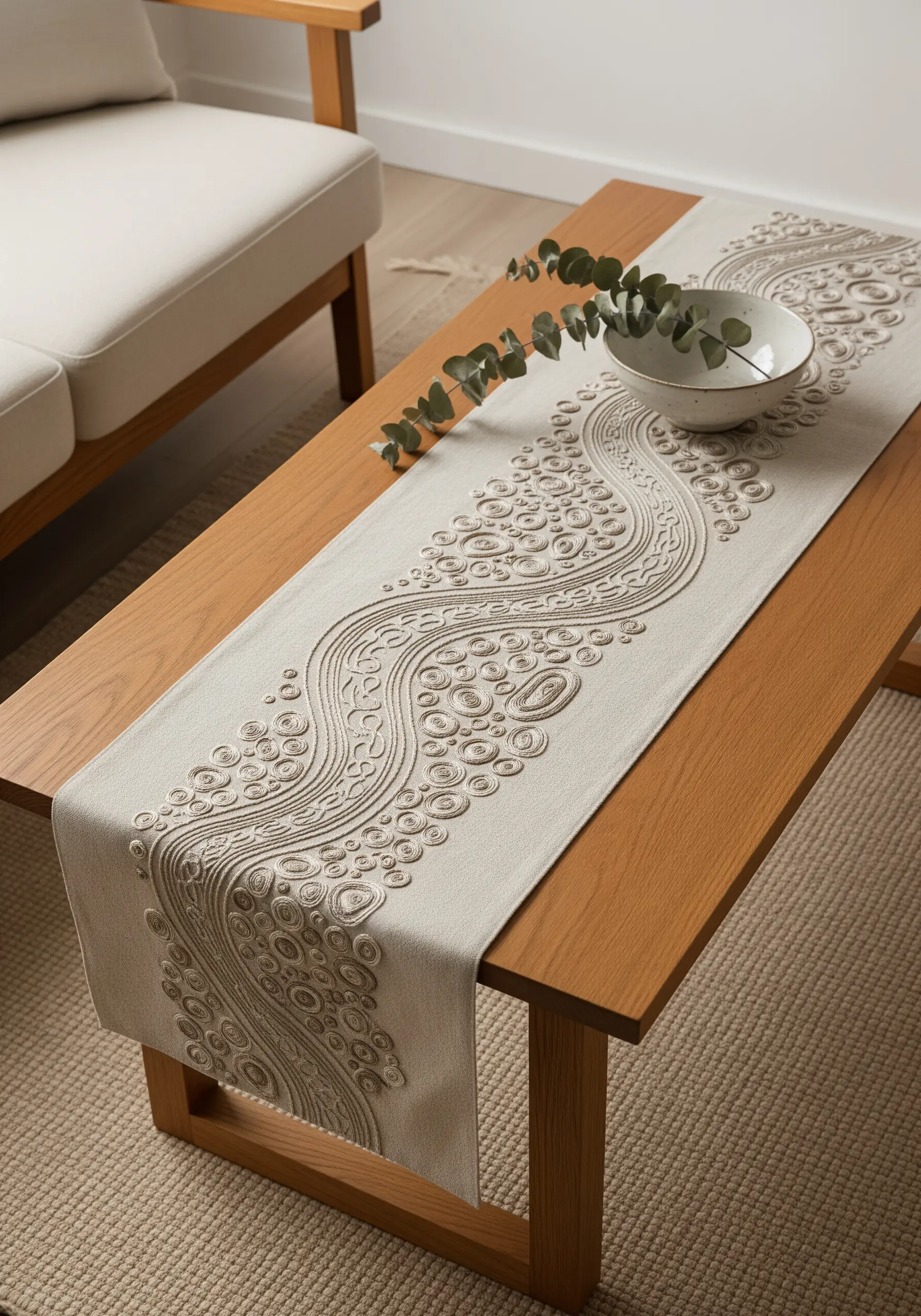 Abstract raised embroidery in cream thread on a neutral linen table runner.