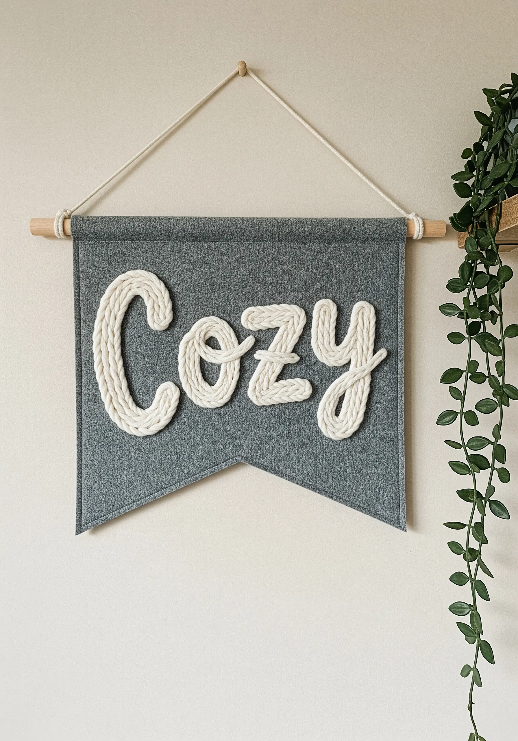 A gray felt wall banner with the word 'Cozy' written in thick, couched white yarn