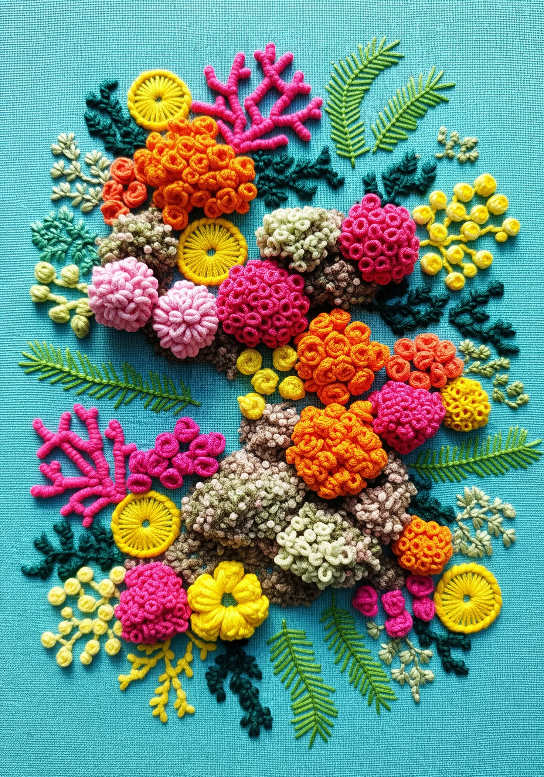 A colorful, high-texture embroidery of a coral reef using French knots, bullion knots, and woven wheels.