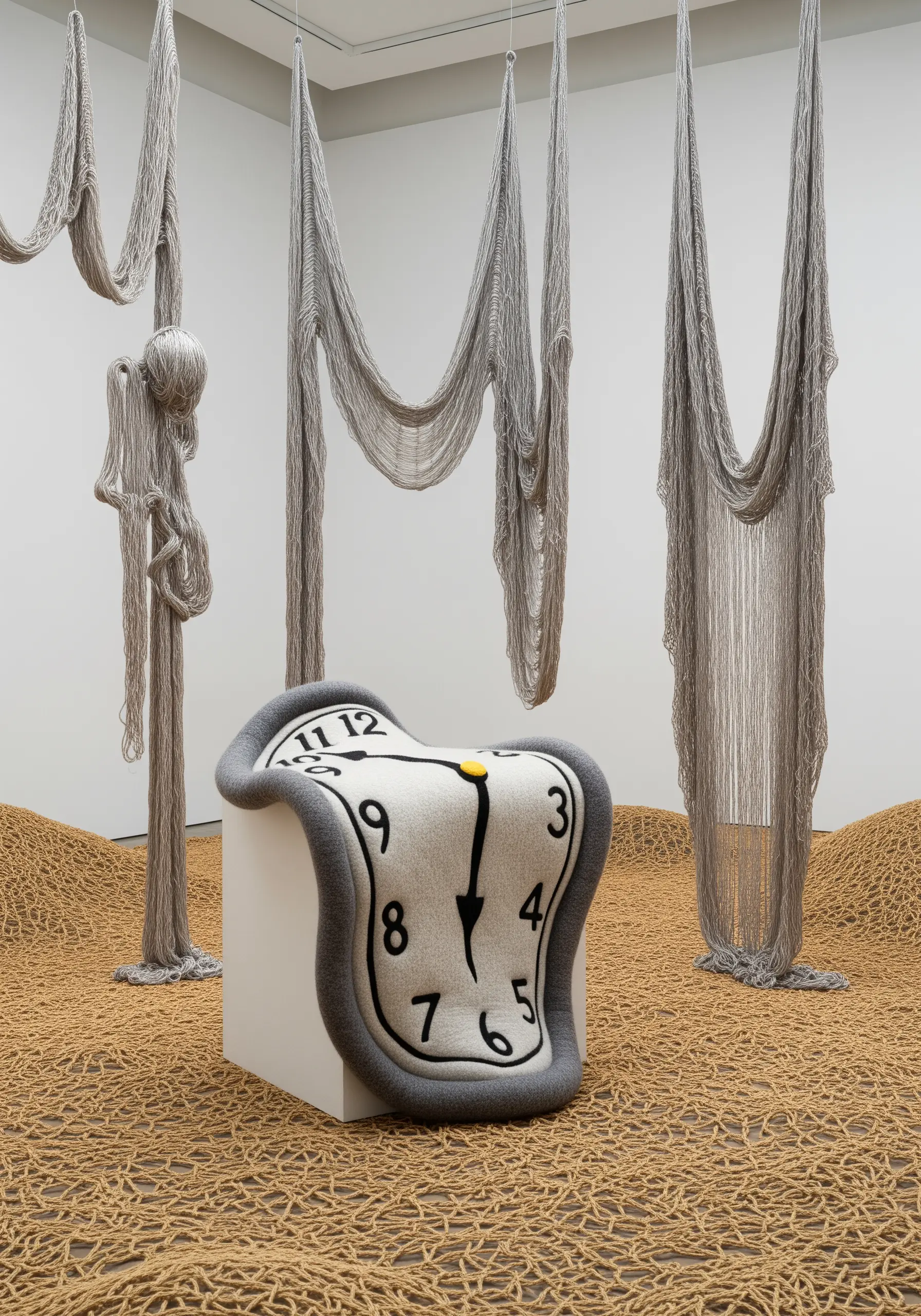 A surrealist fiber art installation featuring a melting clock draped over a white pedestal.