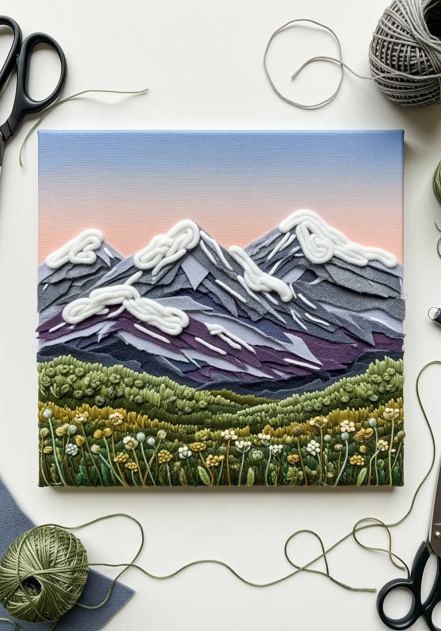 Layered fabric and felt appliqué mountain landscape with detailed floral embroidery in the foreground.