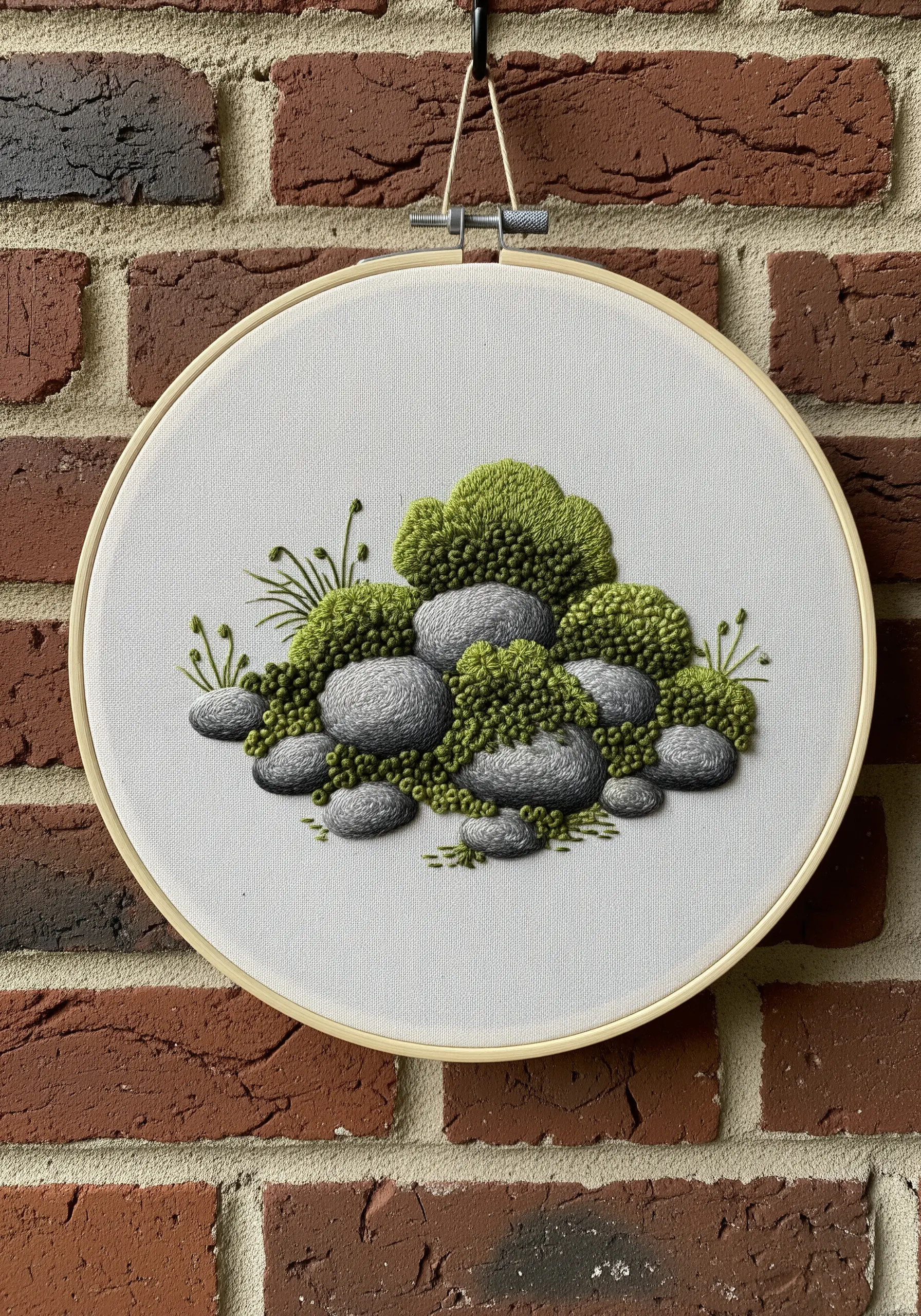 Hoop art featuring 3D mossy rocks using satin stitch and Turkey work.
