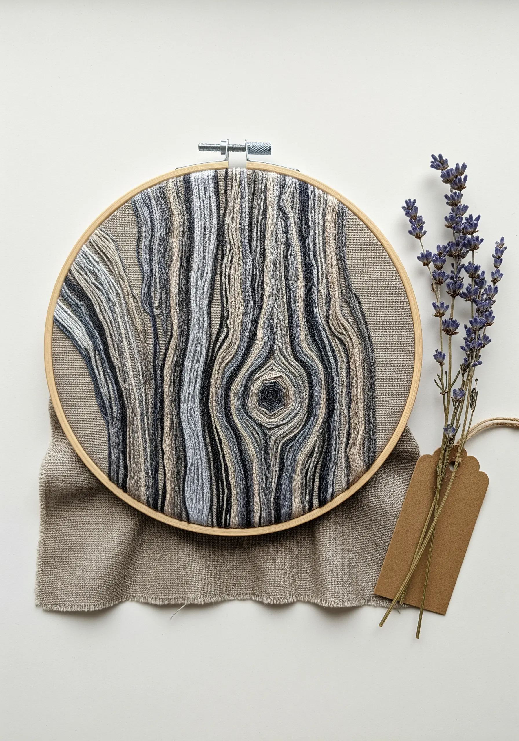 Embroidery hoop art showing realistic wood grain texture in neutral threads