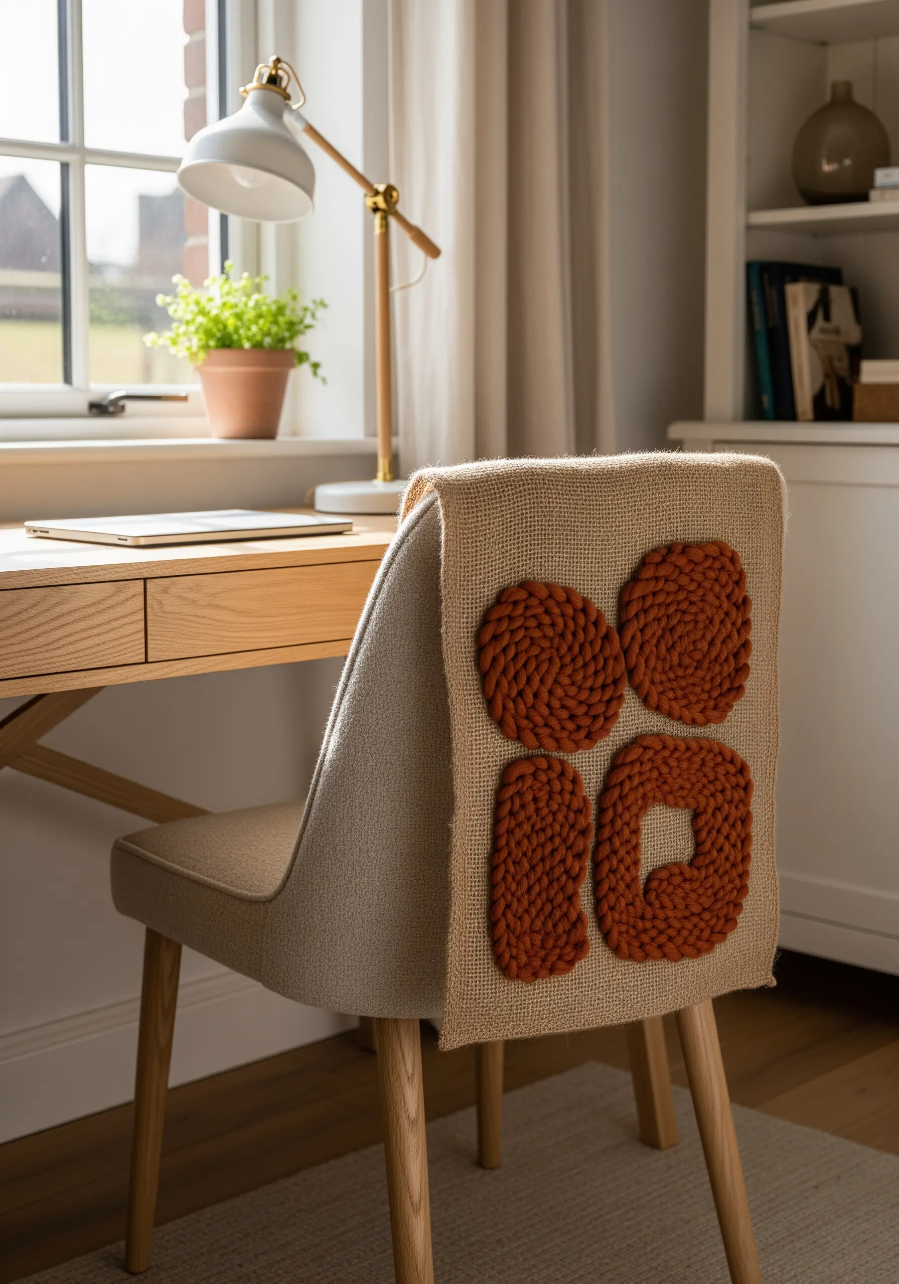 Burnt orange coiled wool roving appliquéd as abstract shapes on a burlap chair cover.