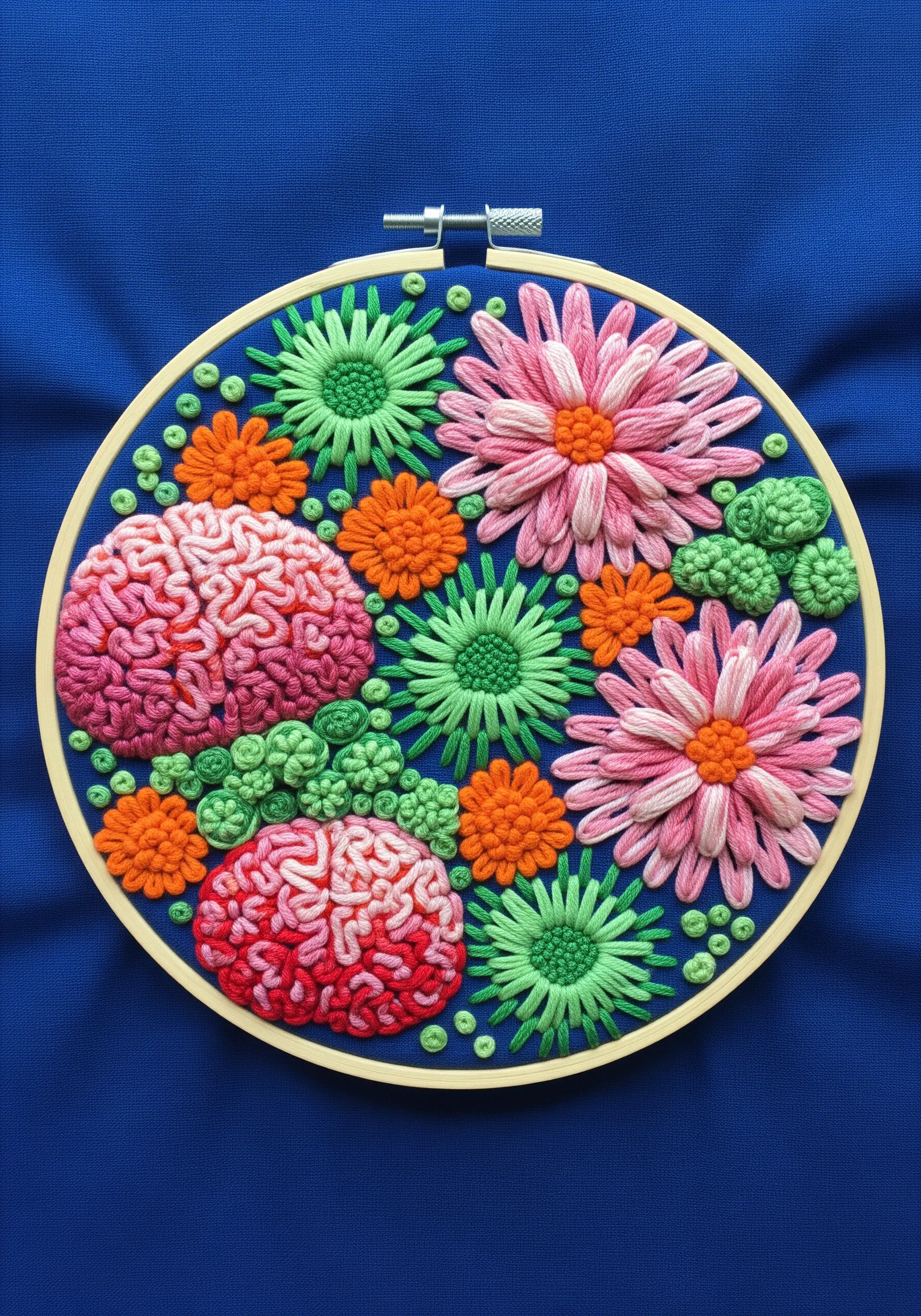 A vibrant embroidery hoop with highly textured, 3D flowers and brain-like coral motifs.