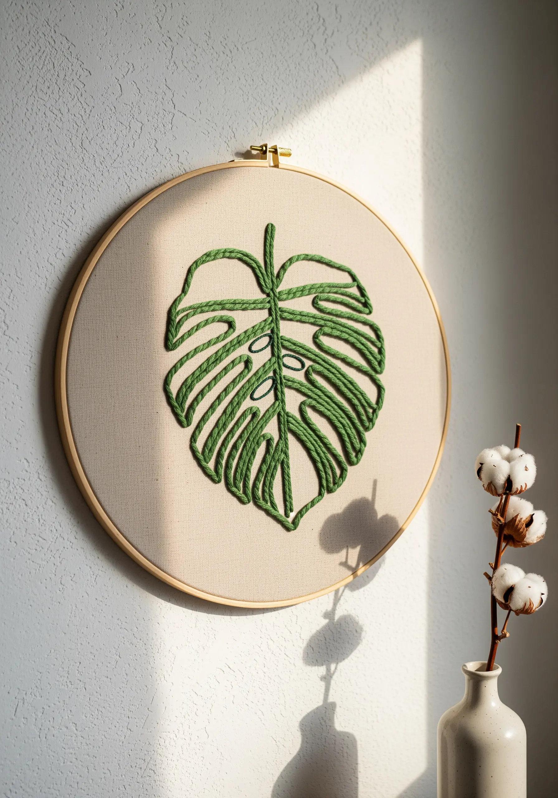 Minimalist monstera leaf outlined in thick green yarn on neutral fabric.