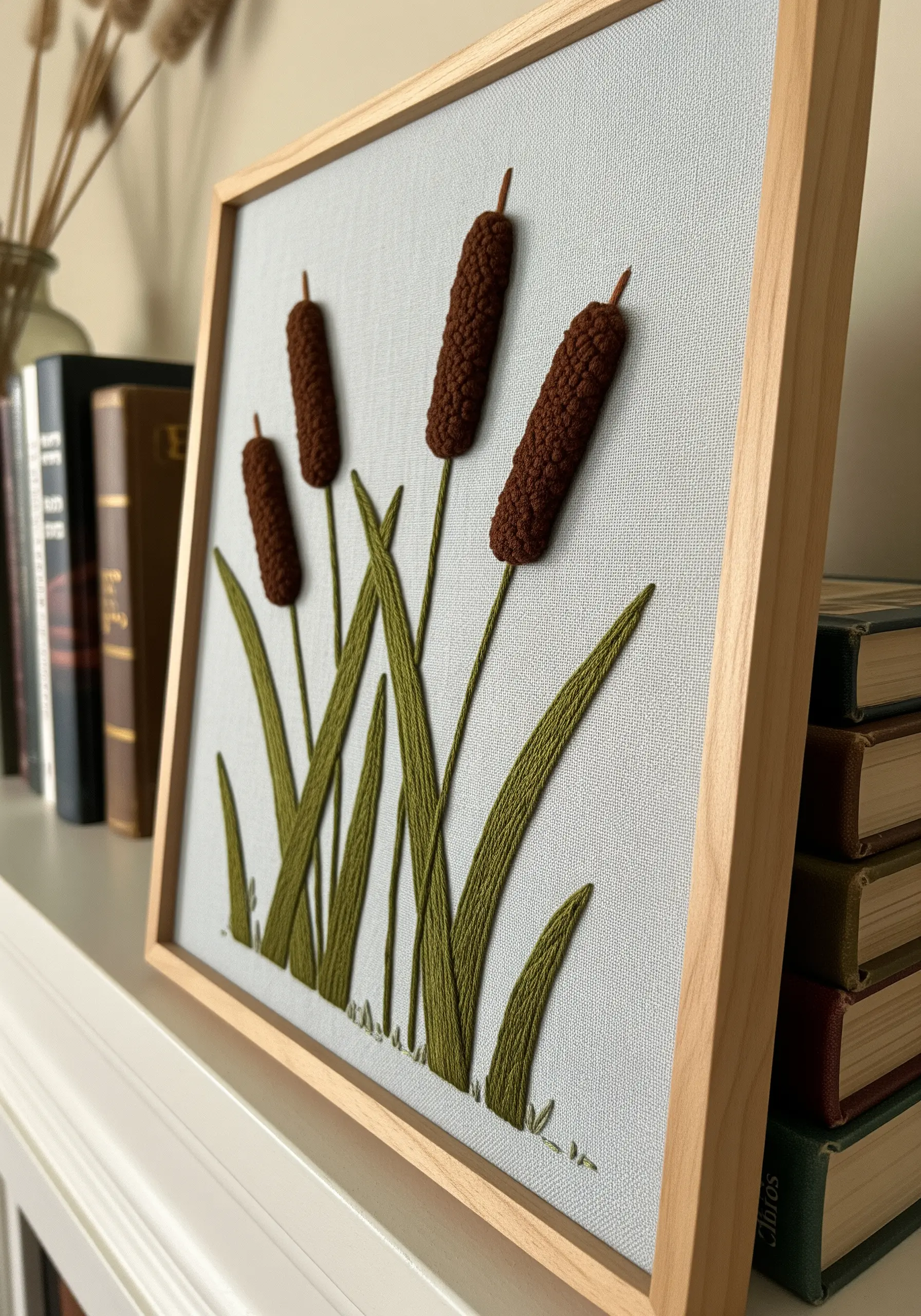 Framed embroidery of cattails with 3D texture and satin stitch leaves.