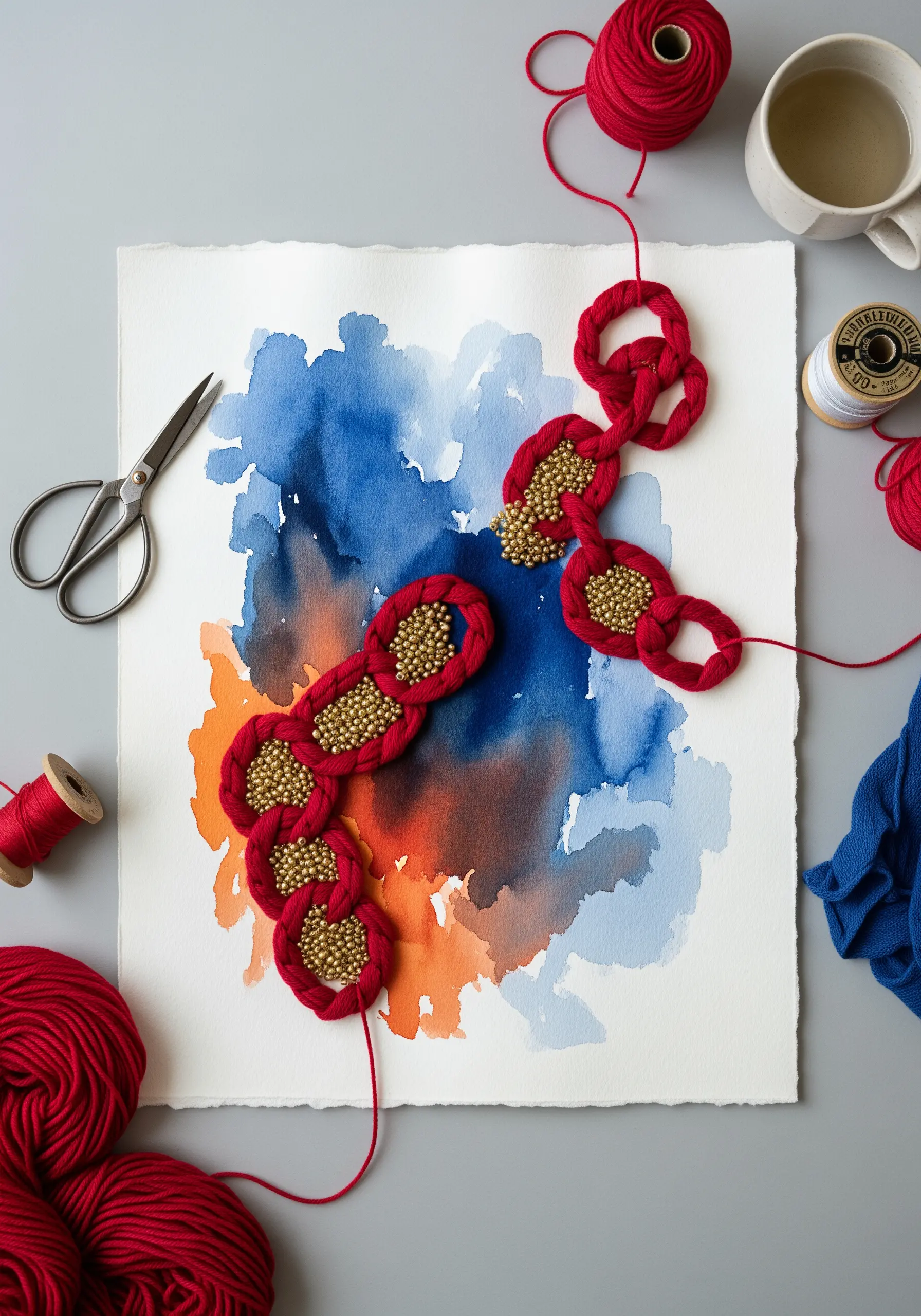 Red wrapped cord with gold bead inlays on a blue and orange watercolor background.