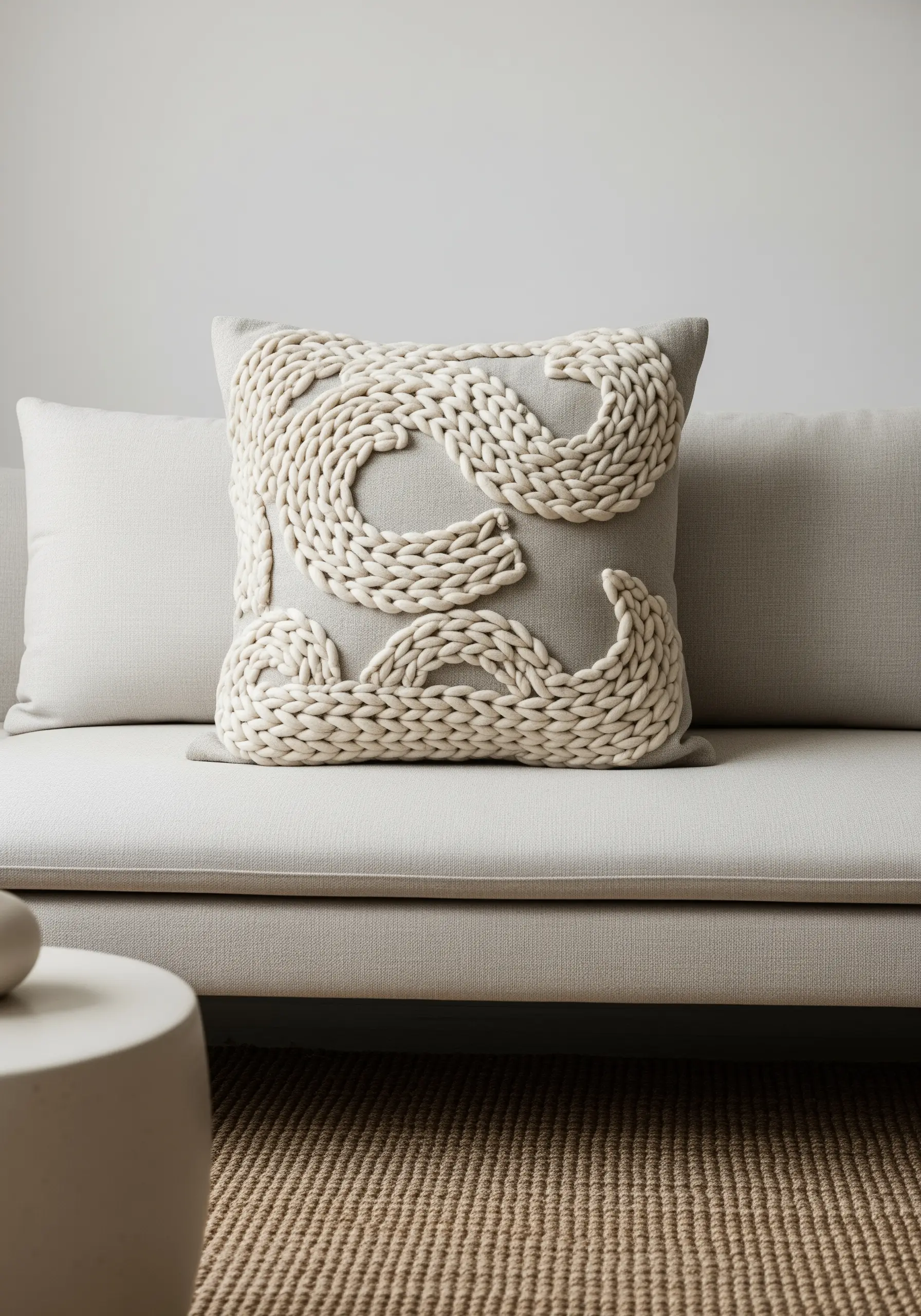 Close-up of a dimensional abstract pattern made with chunky cream yarn on a grey pillow.