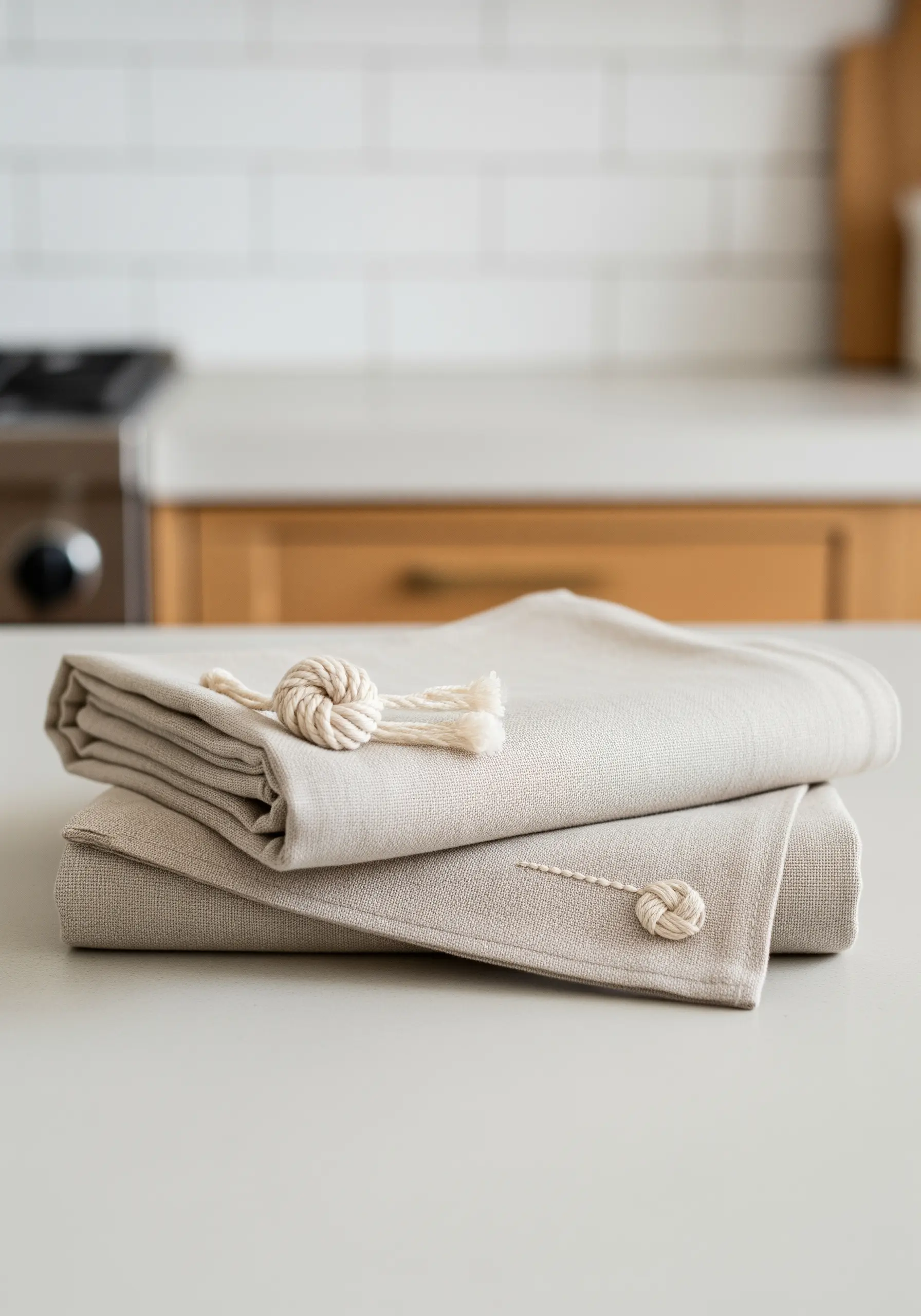 Linen napkins with a small, decorative Monkey's Fist knot made from cord tied at the corner.