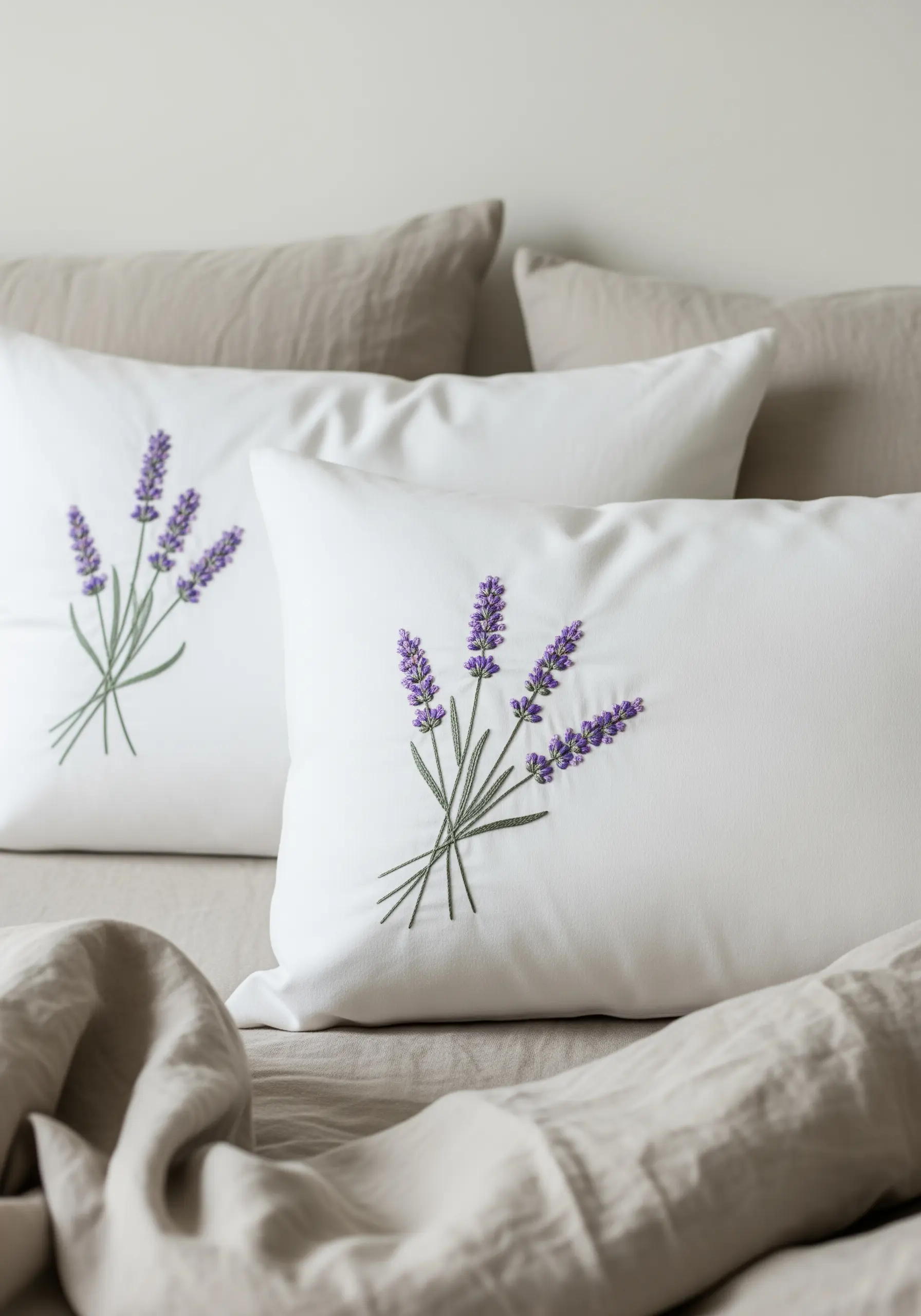 Delicate lavender sprigs embroidered on white linen pillowcases.