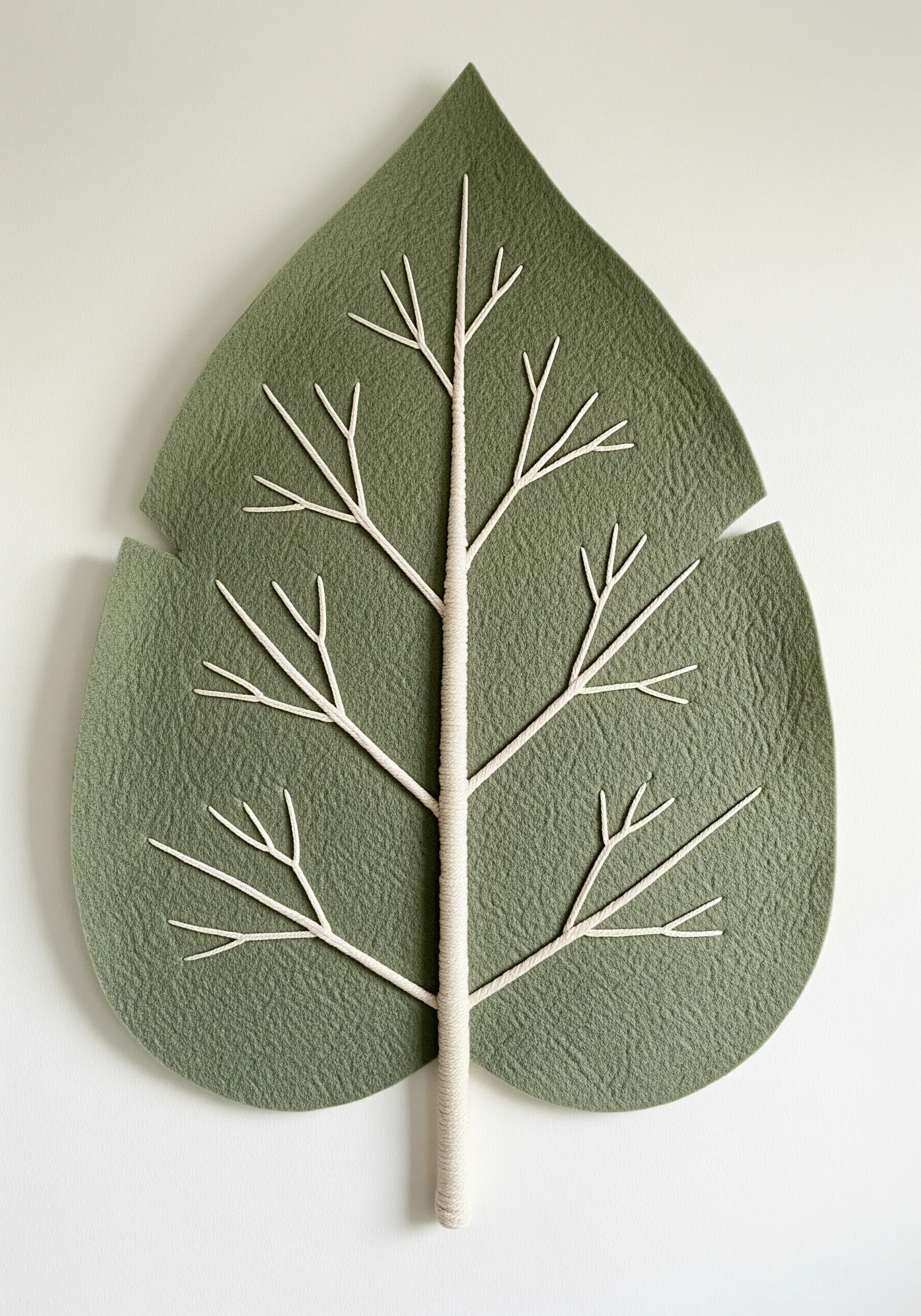 A large leaf-shaped piece of green felt with raised, cord-wrapped white lines creating the leaf veins.