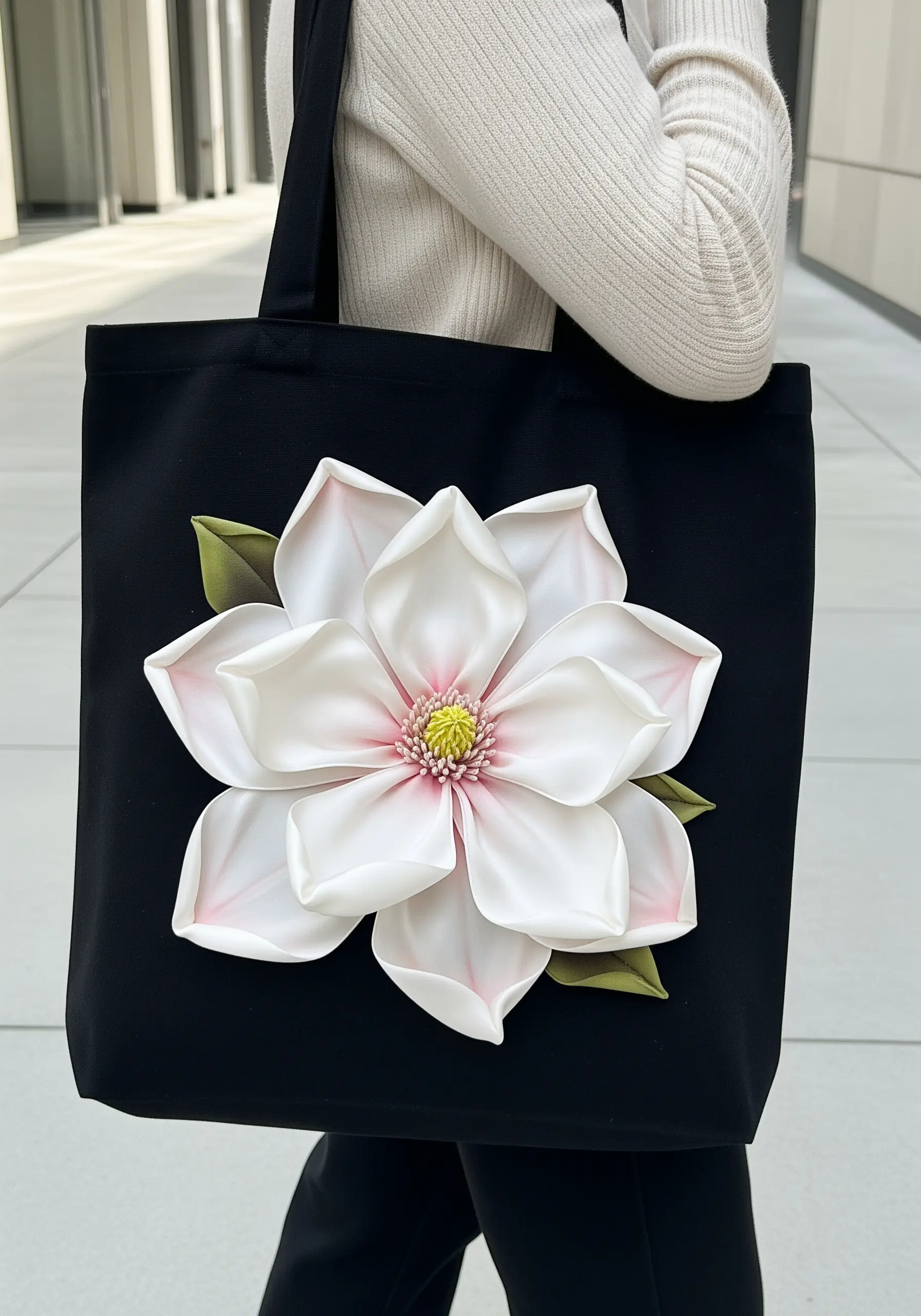 A large, sculptural white magnolia flower made from ribbon on a black canvas tote bag.