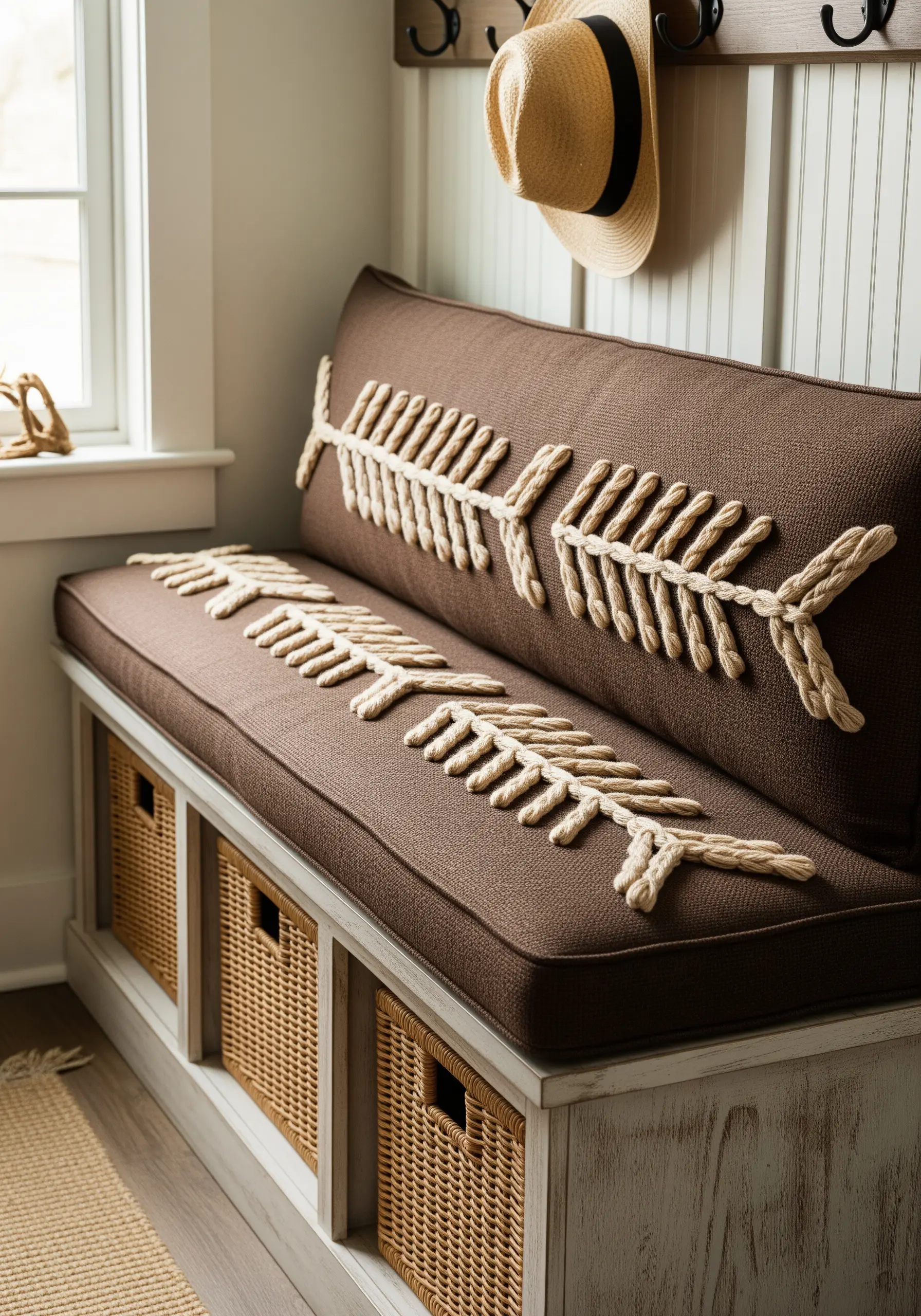 A large fishbone motif made from wrapped and couched rope on a brown bench cushion.