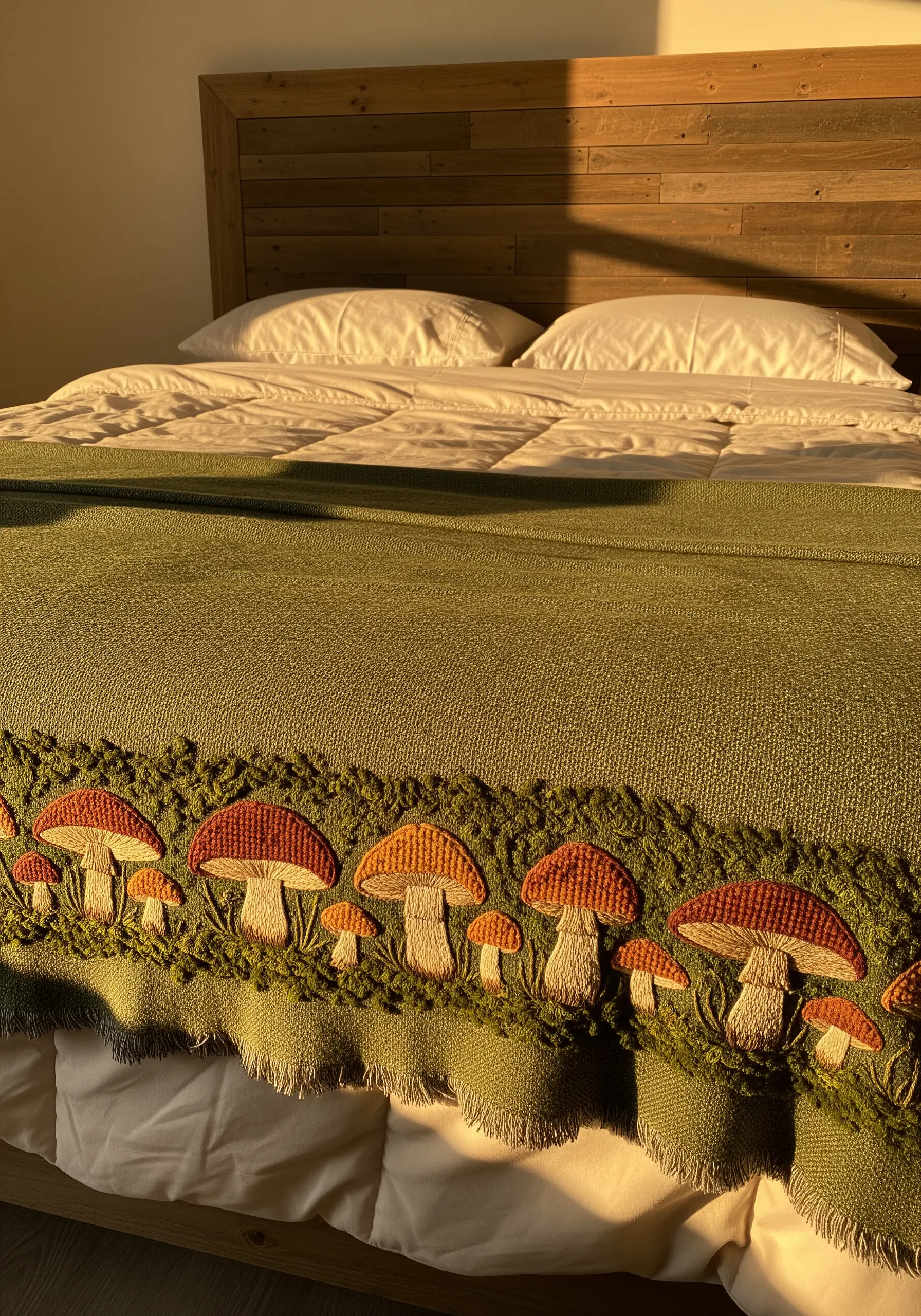 A forest-floor border of embroidered mushrooms on the edge of a green throw blanket.