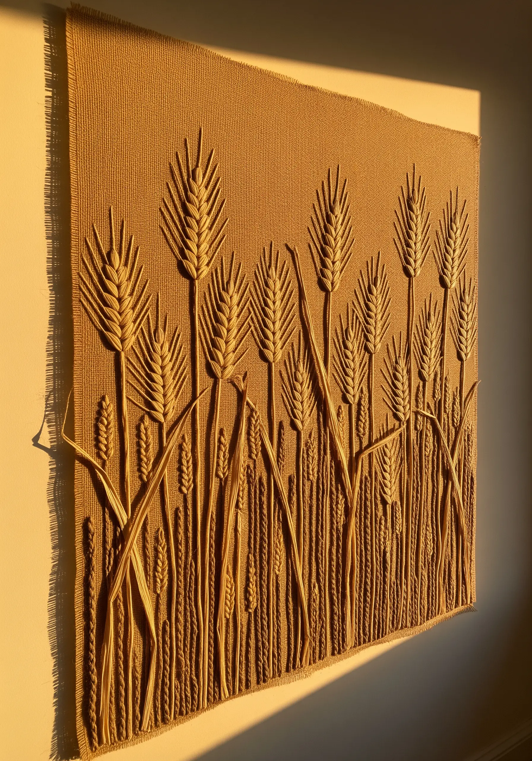Highly textural wall hanging of a wheat field with raised, sculptural stalks.