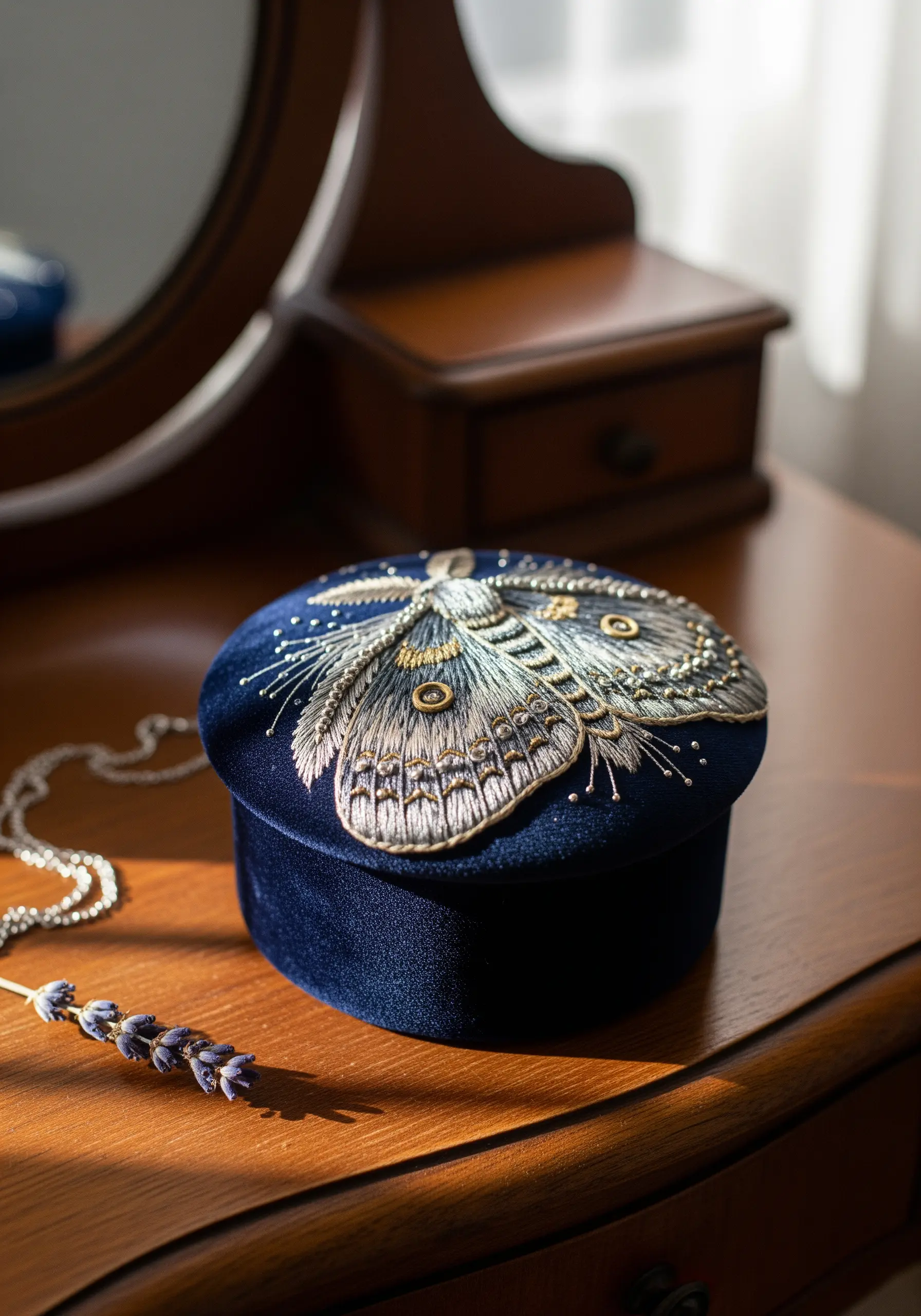 Stumpwork moth with metallic thread on a blue velvet jewelry box.