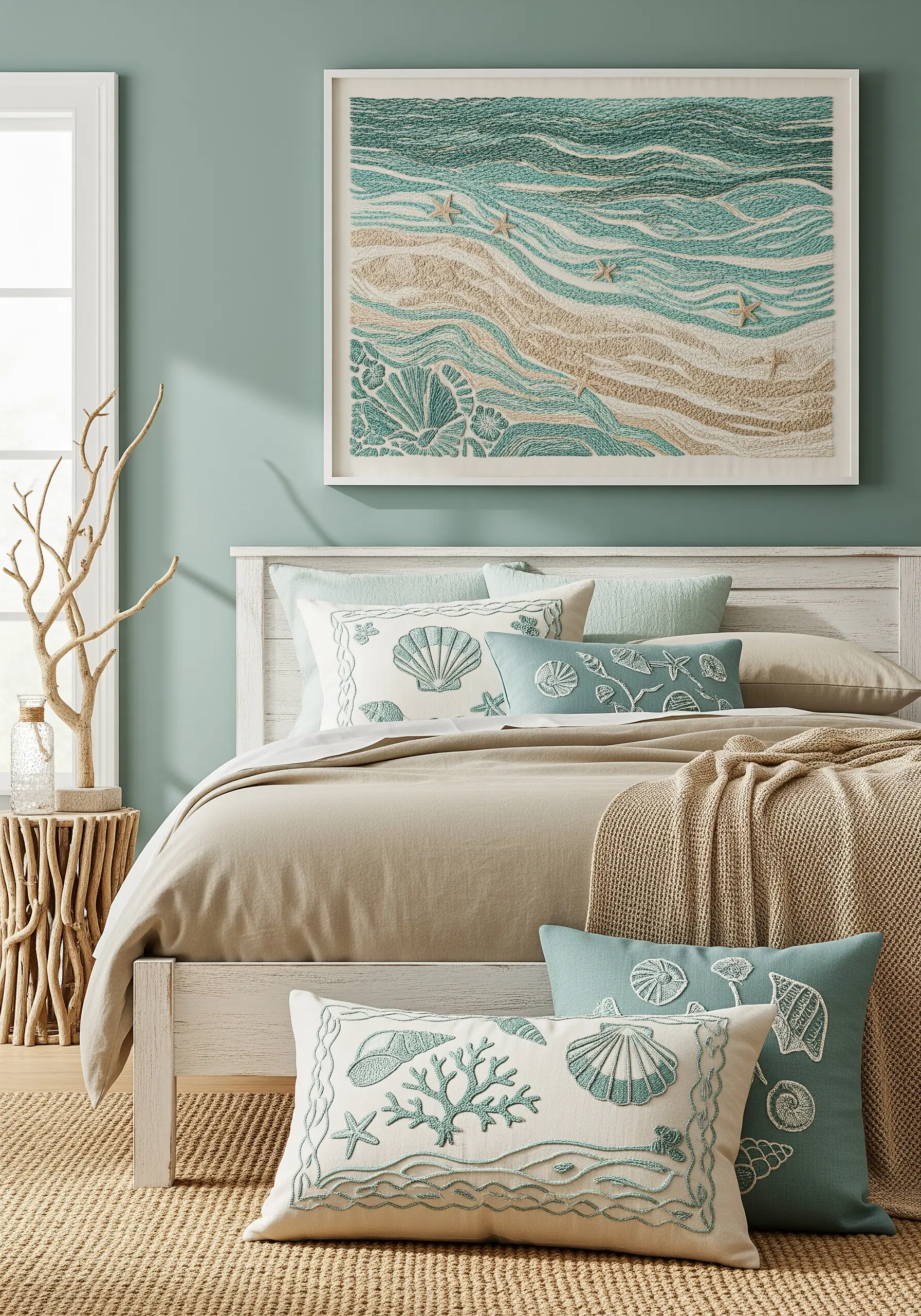 Coastal-themed embroidery featuring shells and coral in shades of teal, sand, and white