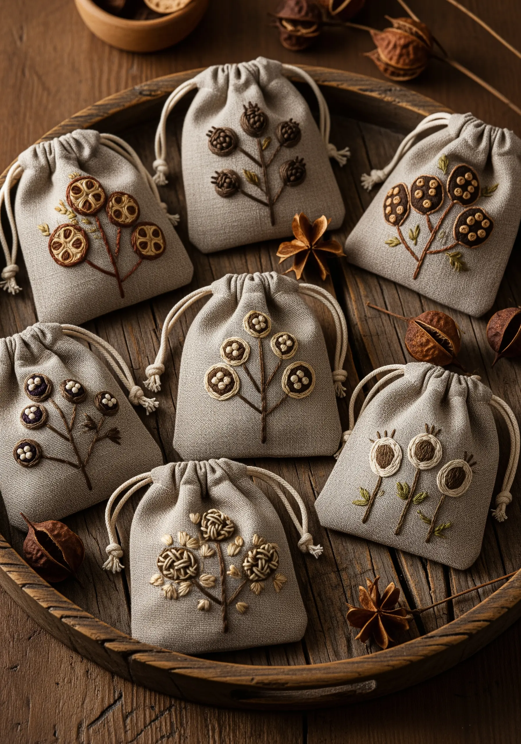 Several small linen drawstring bags embroidered with rustic seed pod and flower motifs in brown and cream.