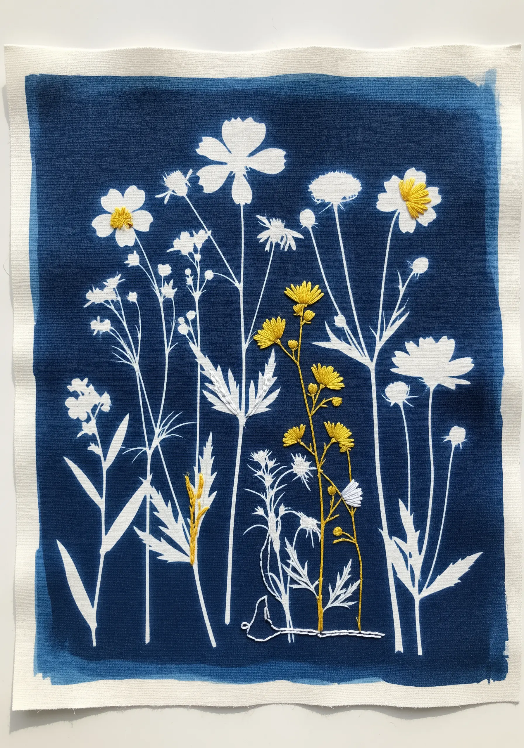 A blue and white cyanotype print of wildflowers on fabric with selective yellow embroidery.