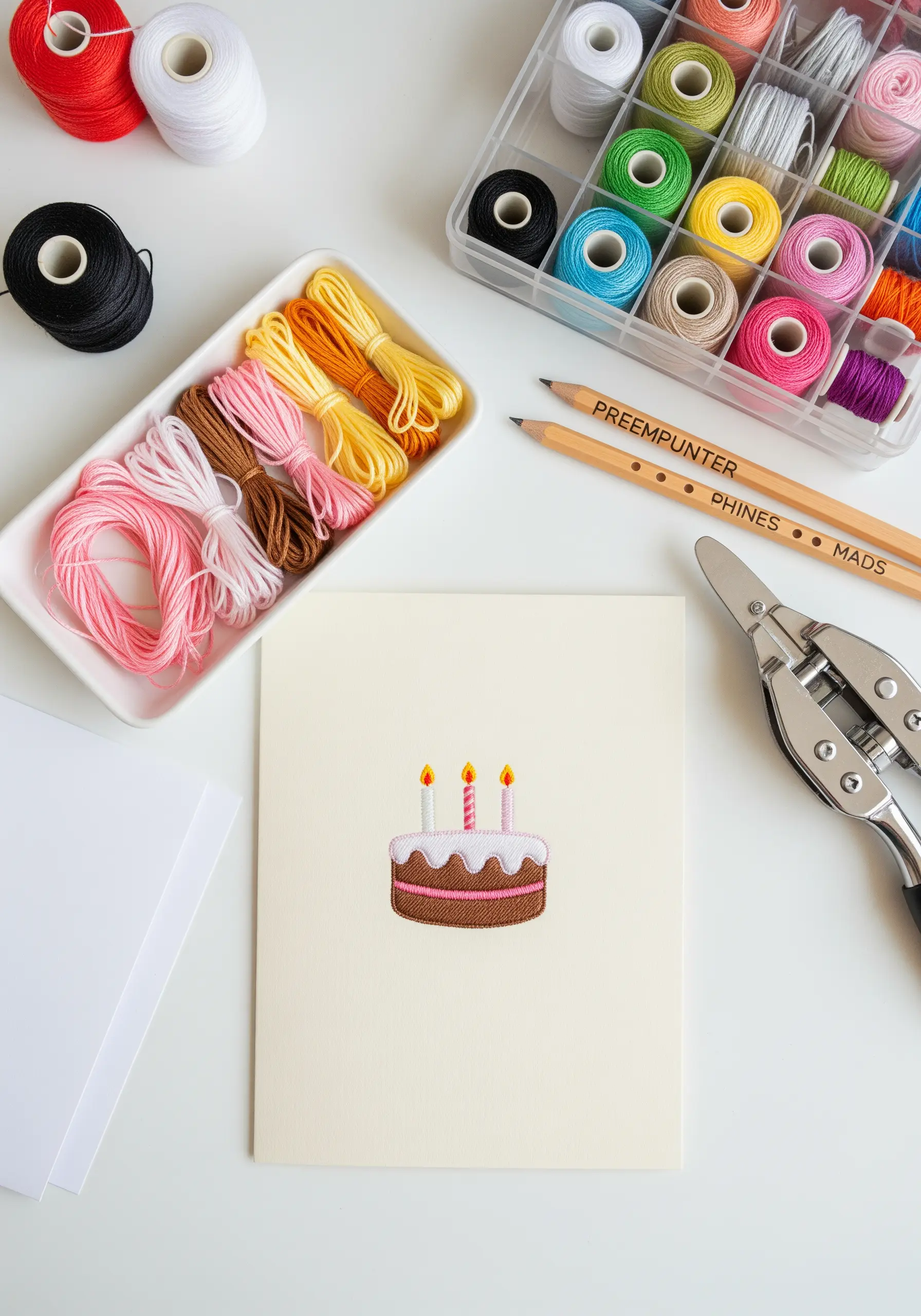 A hand-embroidered birthday cake on a cream-colored card, surrounded by stitching supplies.