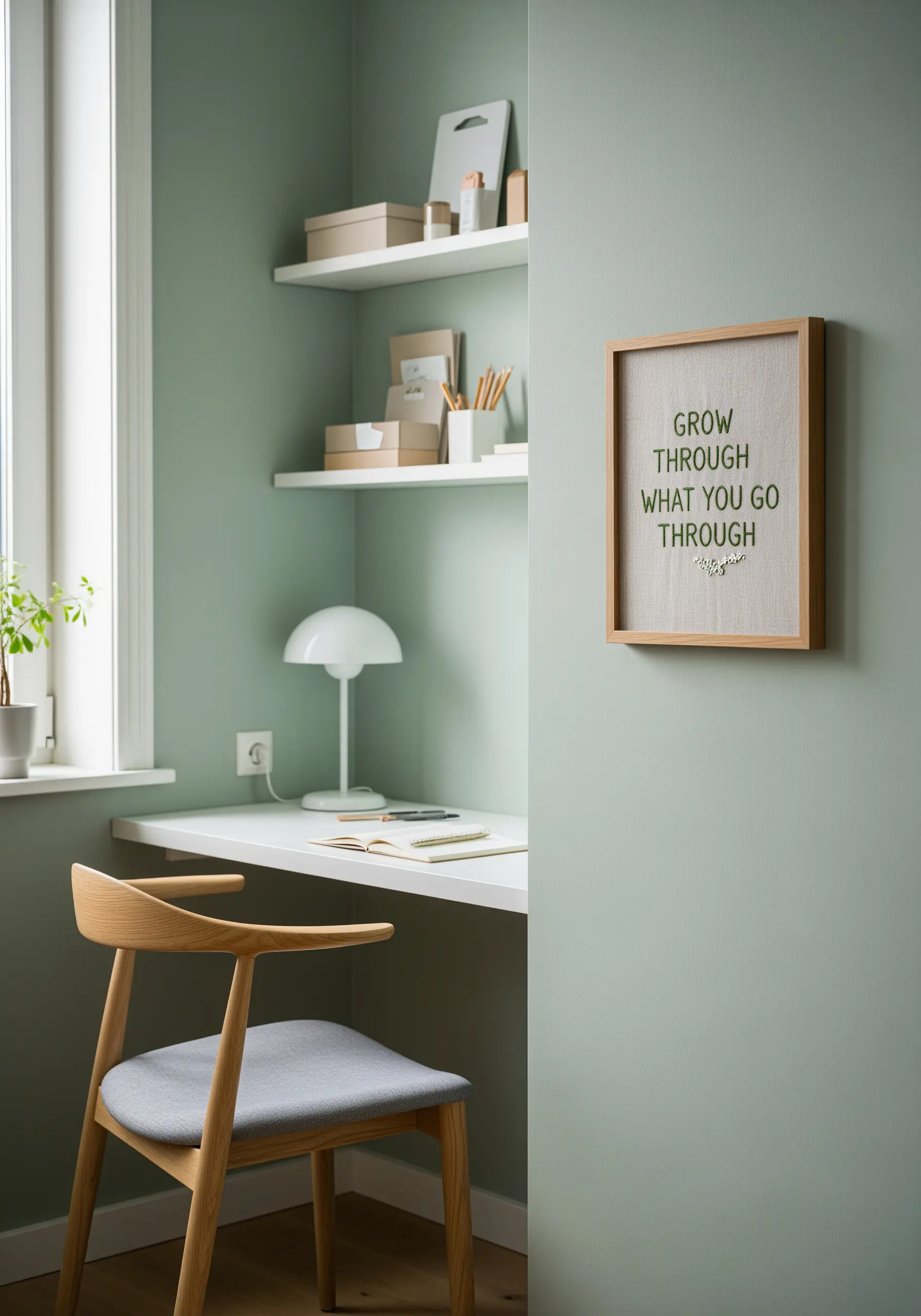 Embroidered quote in a light wood frame with delicate floral detail at the bottom.