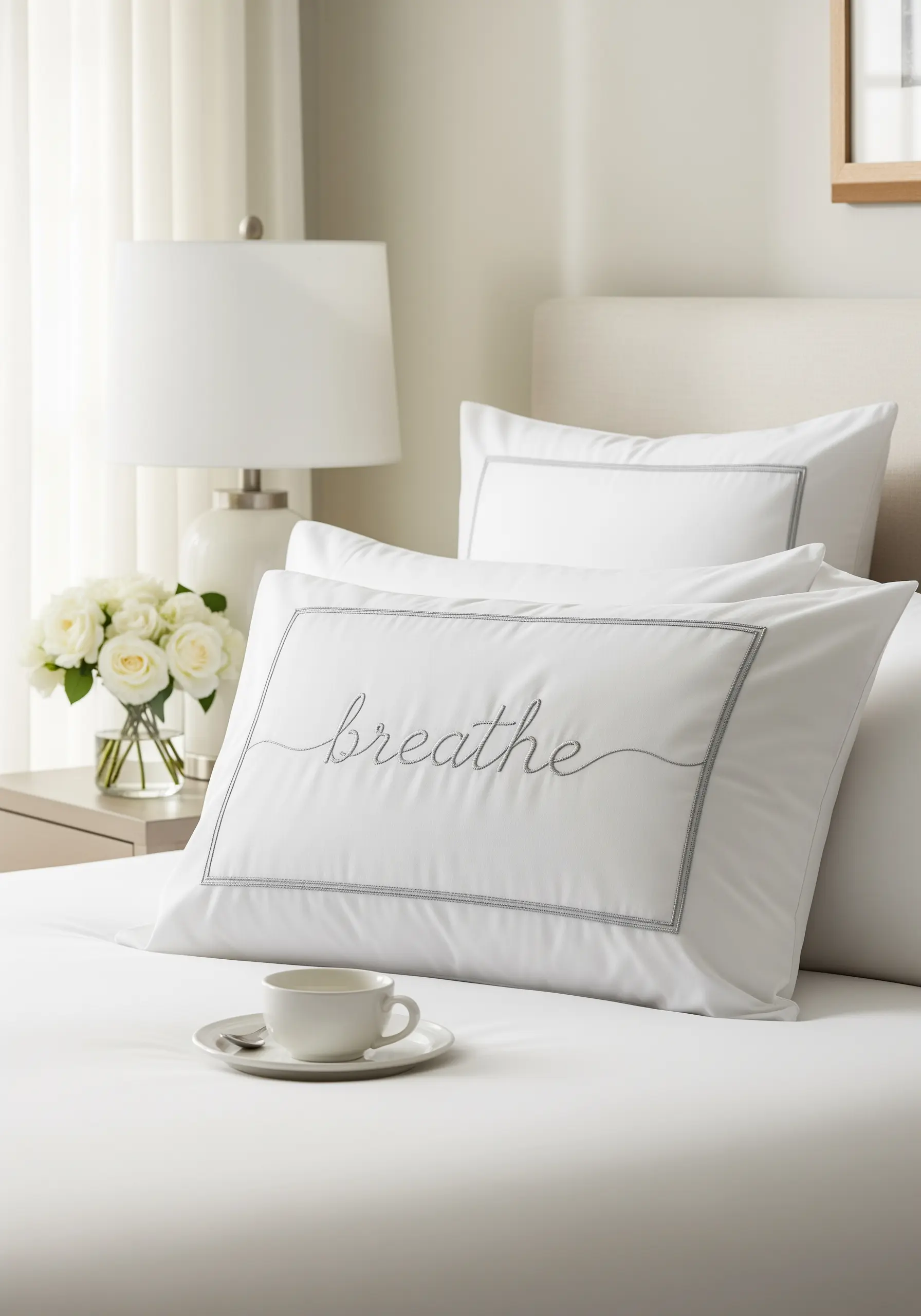 The word 'breathe' embroidered in elegant grey script on a crisp white pillowcase.