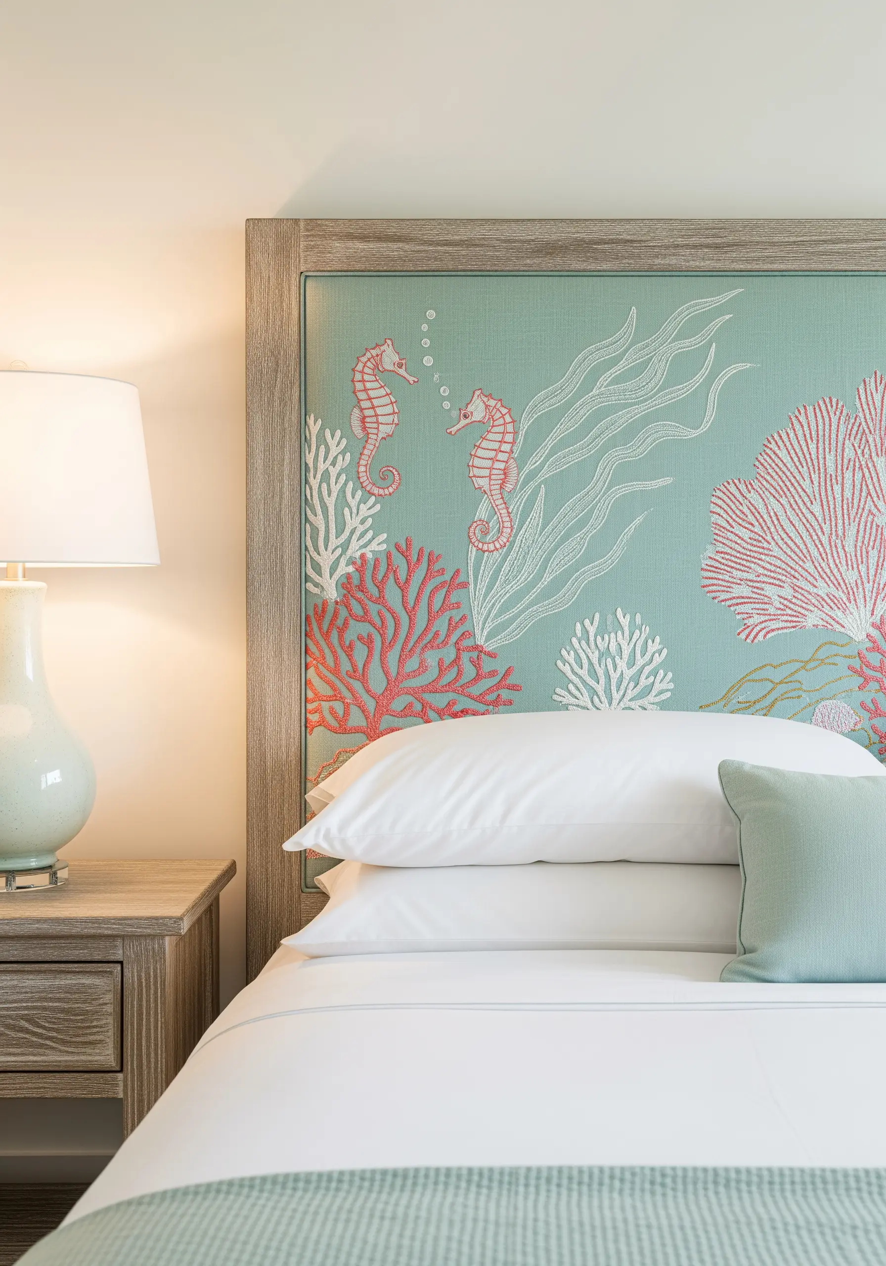 Coastal-themed headboard with embroidered coral, seahorses, and seaweed in pink and white.