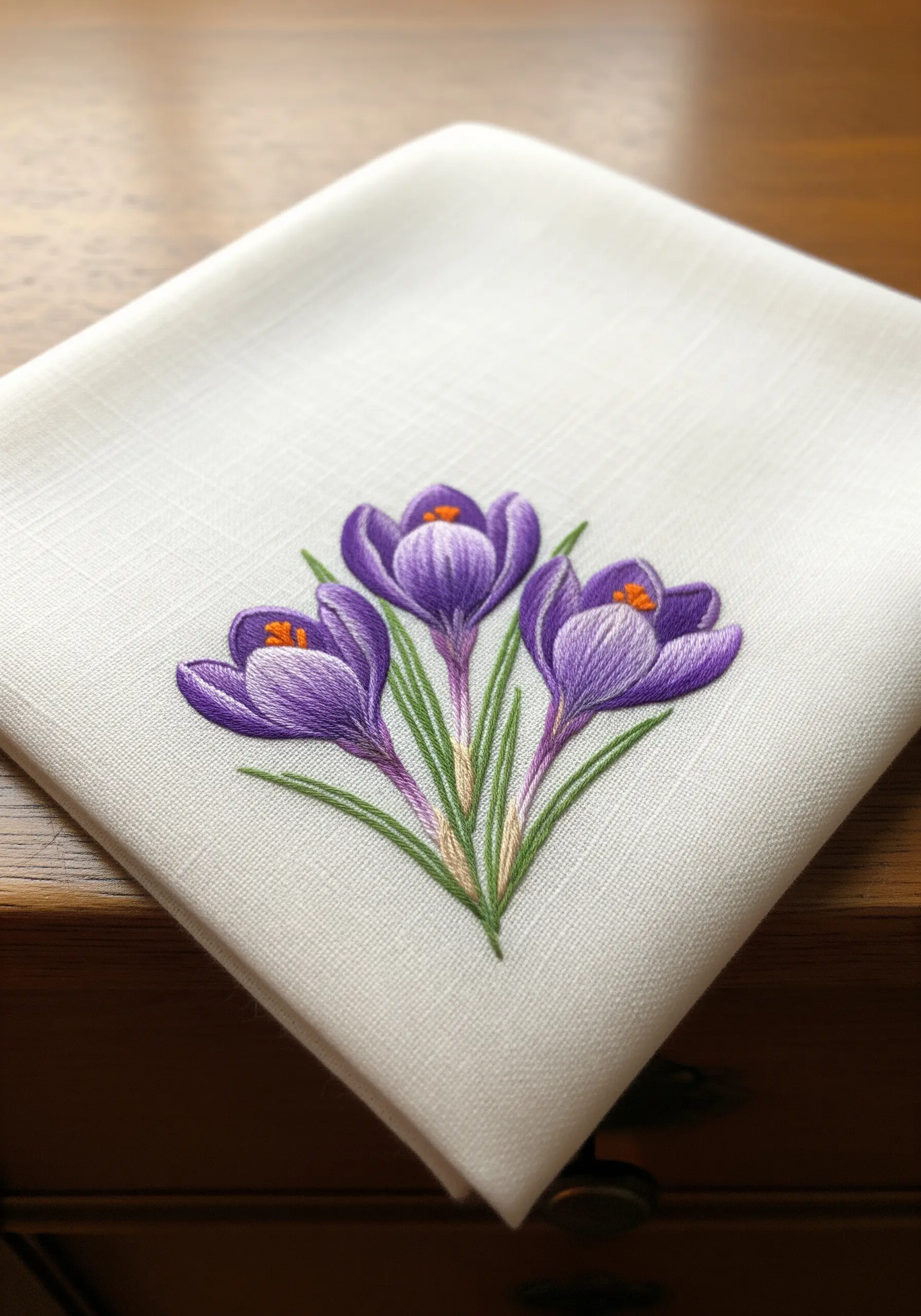 Three purple satin-stitched crocus flowers with orange stamens on a white handkerchief.