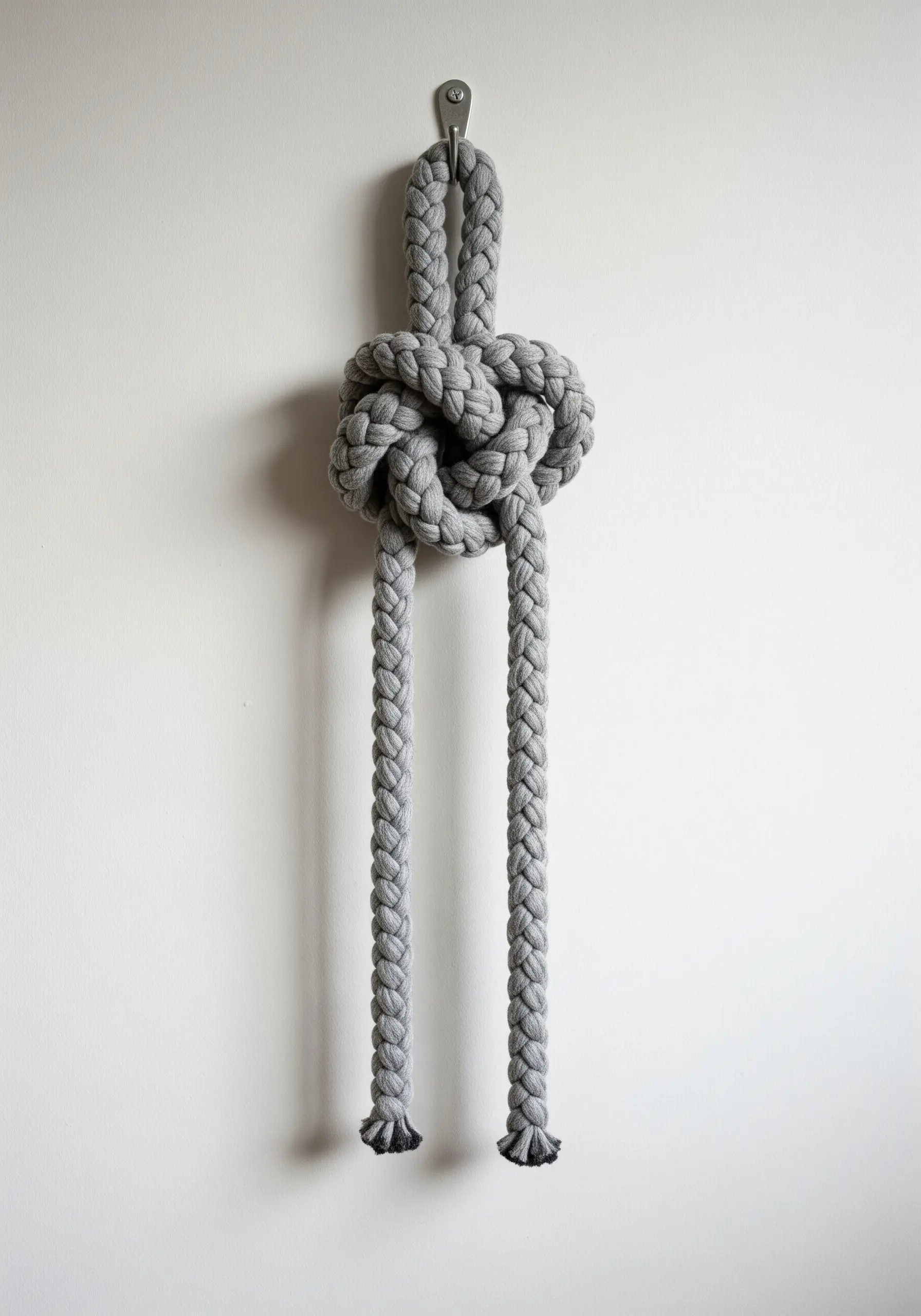 A single, large gray sculptural knot made from braided cord, hanging on a white wall.