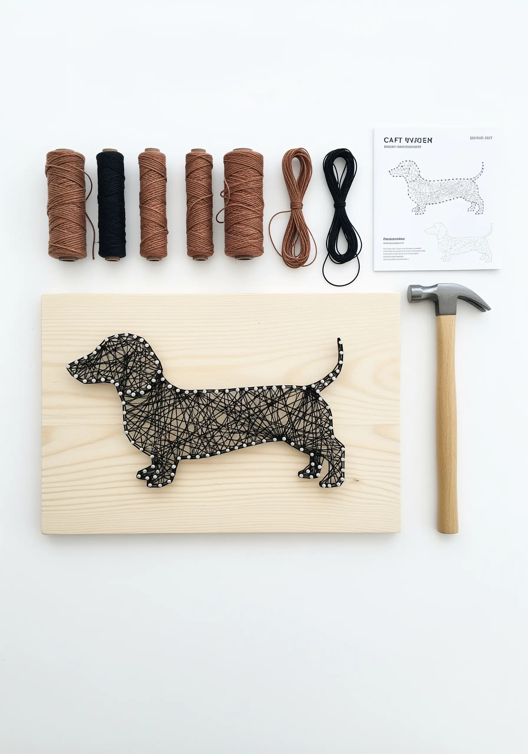 A string art kit for a Dachshund, including a board, threads, hammer, and instructions.