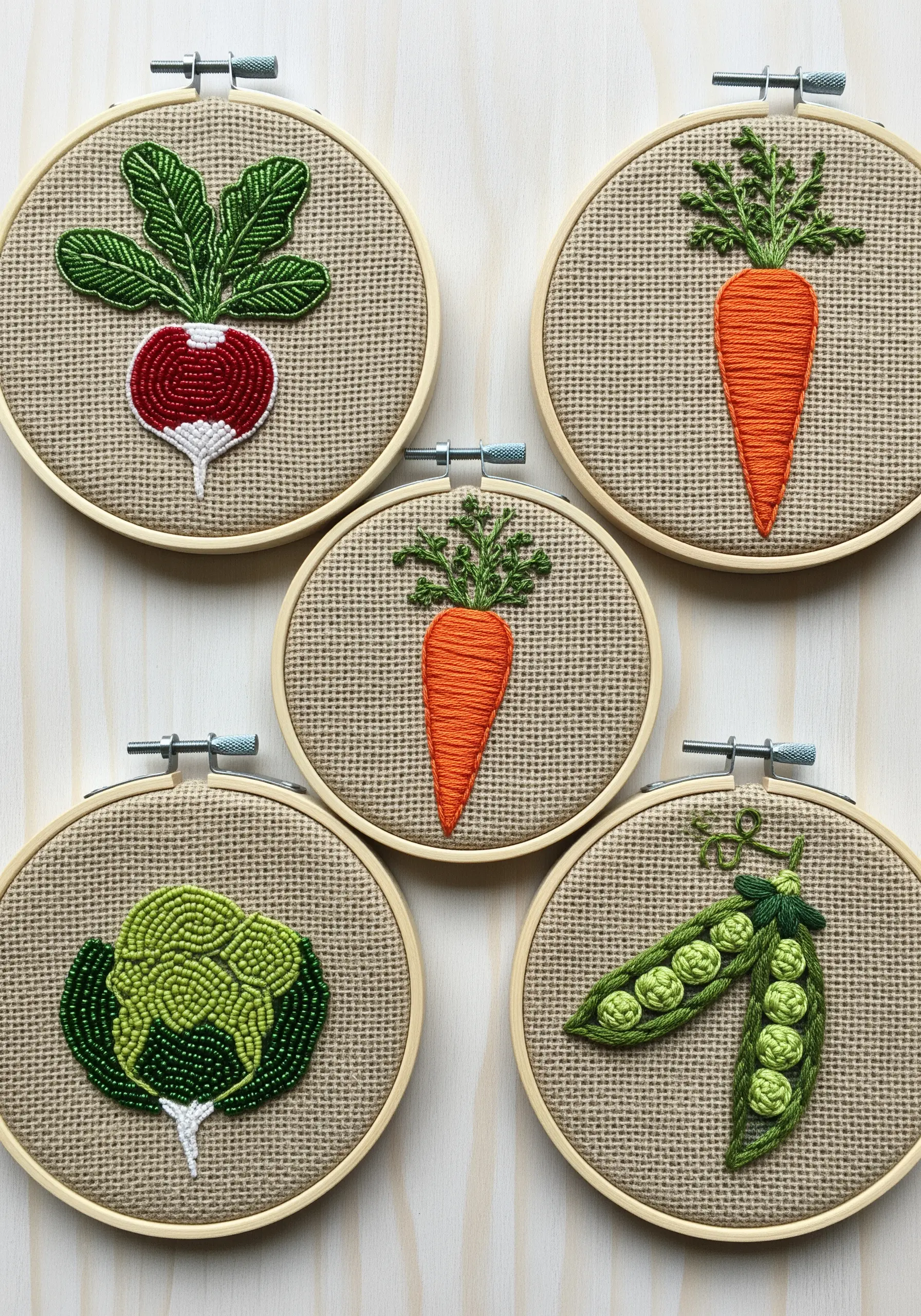 Bead embroidery of vegetables in hoops, including a radish, carrot, and peas.