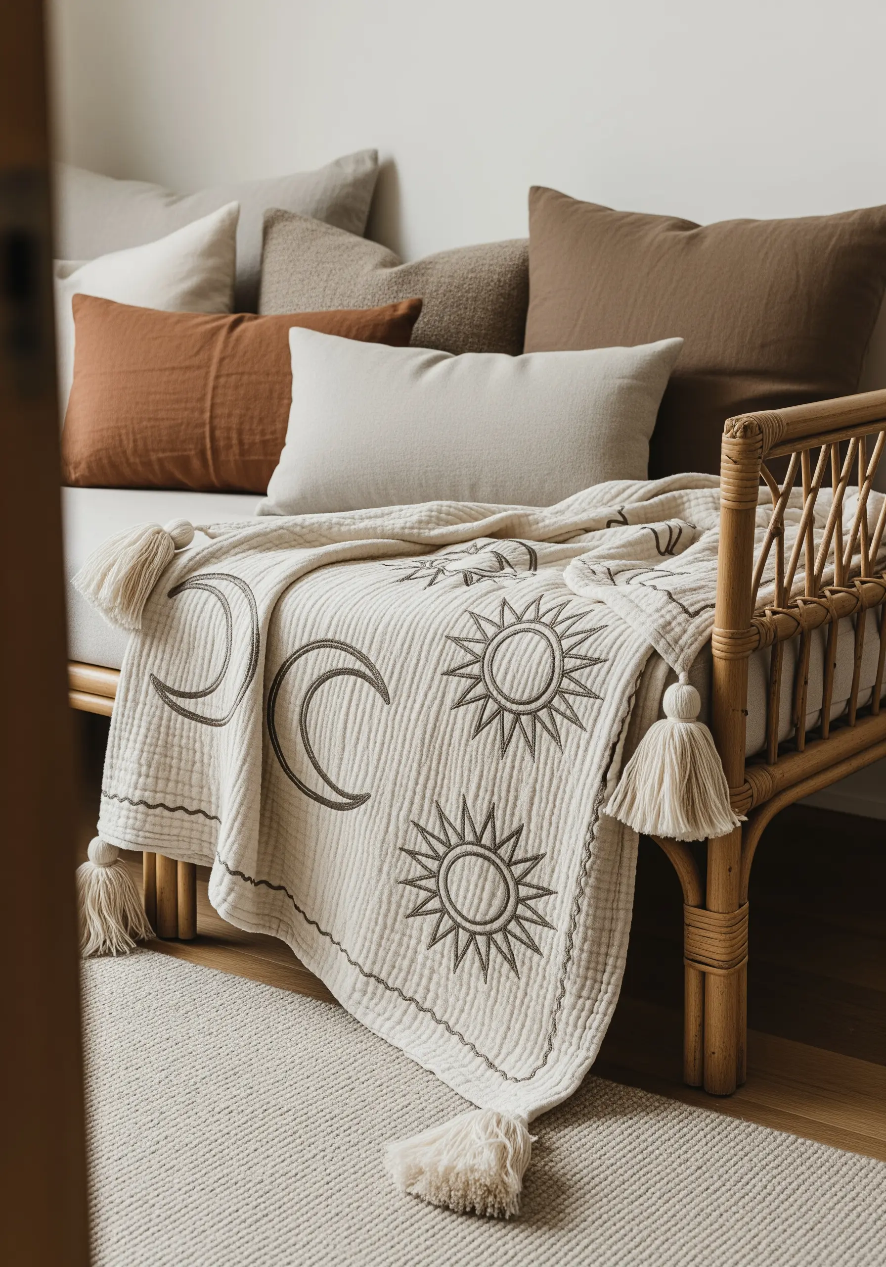 Embroidered sun and moon motifs on a lightweight, cream-colored muslin blanket with tassels.