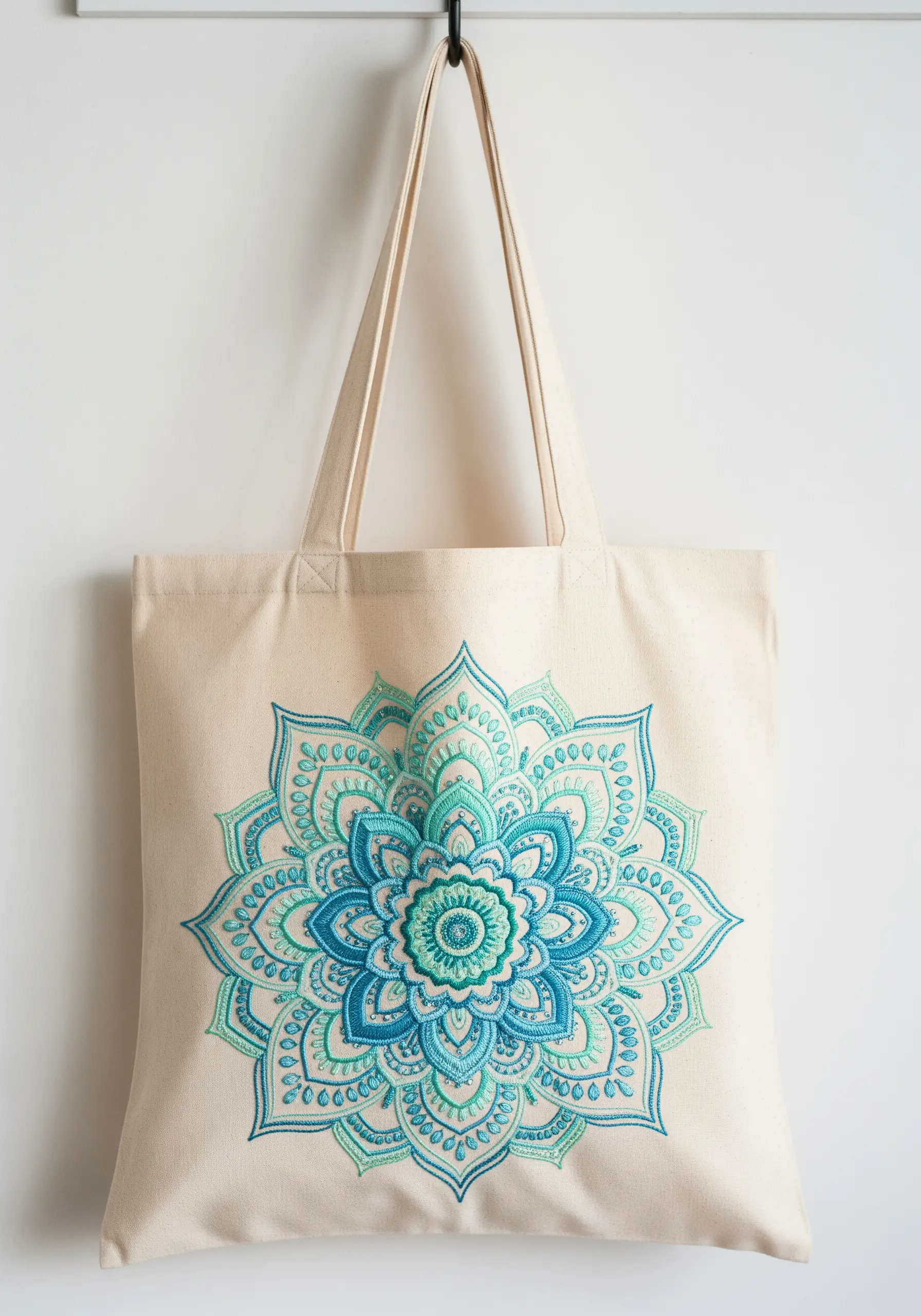 A large, intricate blue and green mandala embroidered on the front of a canvas tote bag.