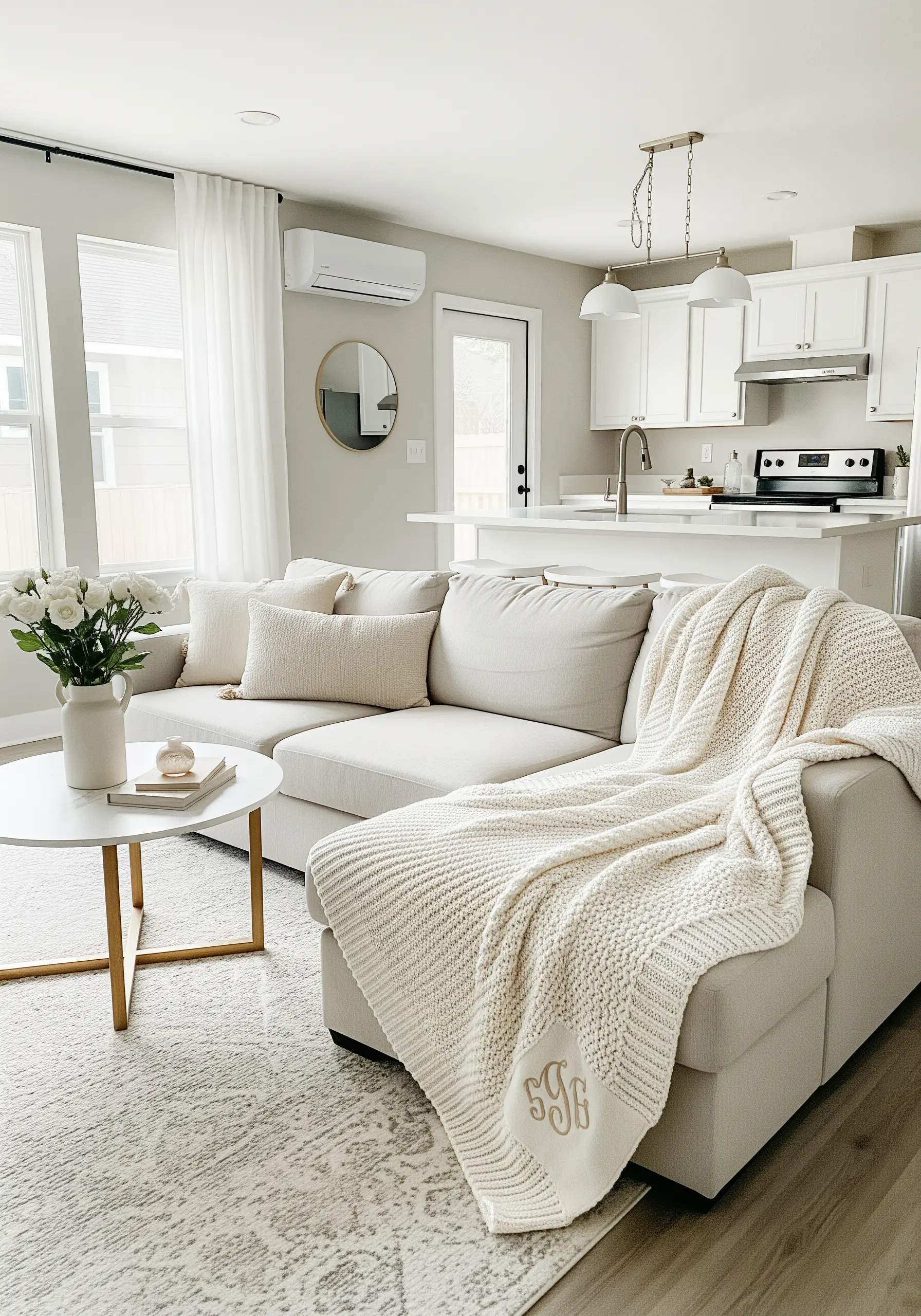 Embroidered classic monogram on the corner of a cream knitted blanket